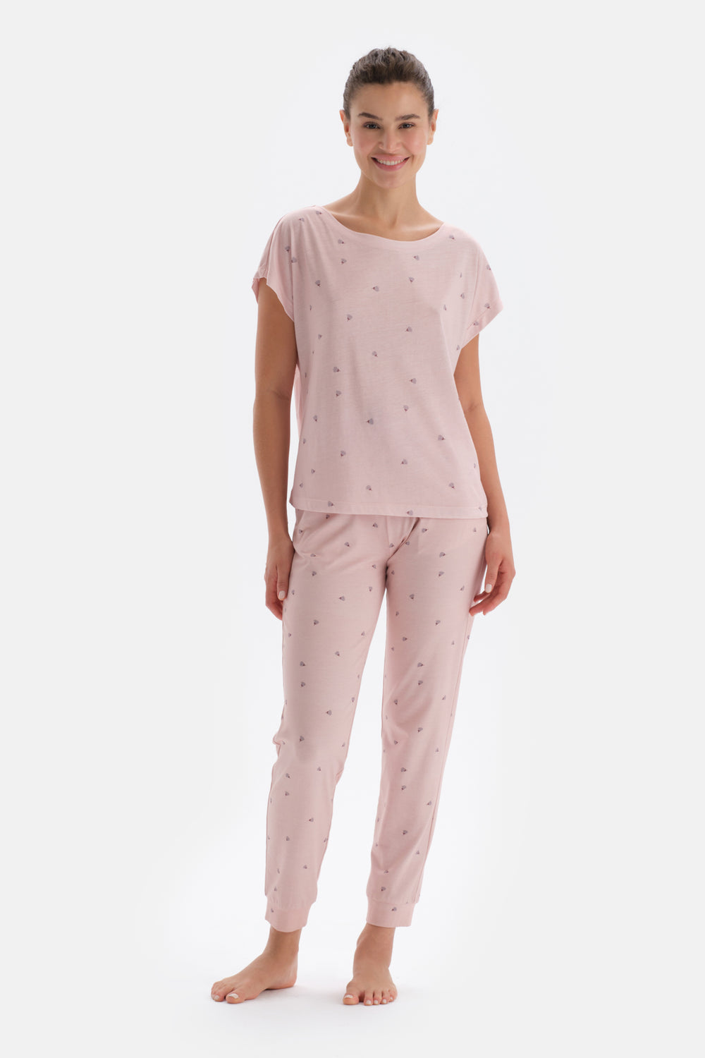 Açık Pembe Mıkroprınt Baskılı Örme Pijama Takımı