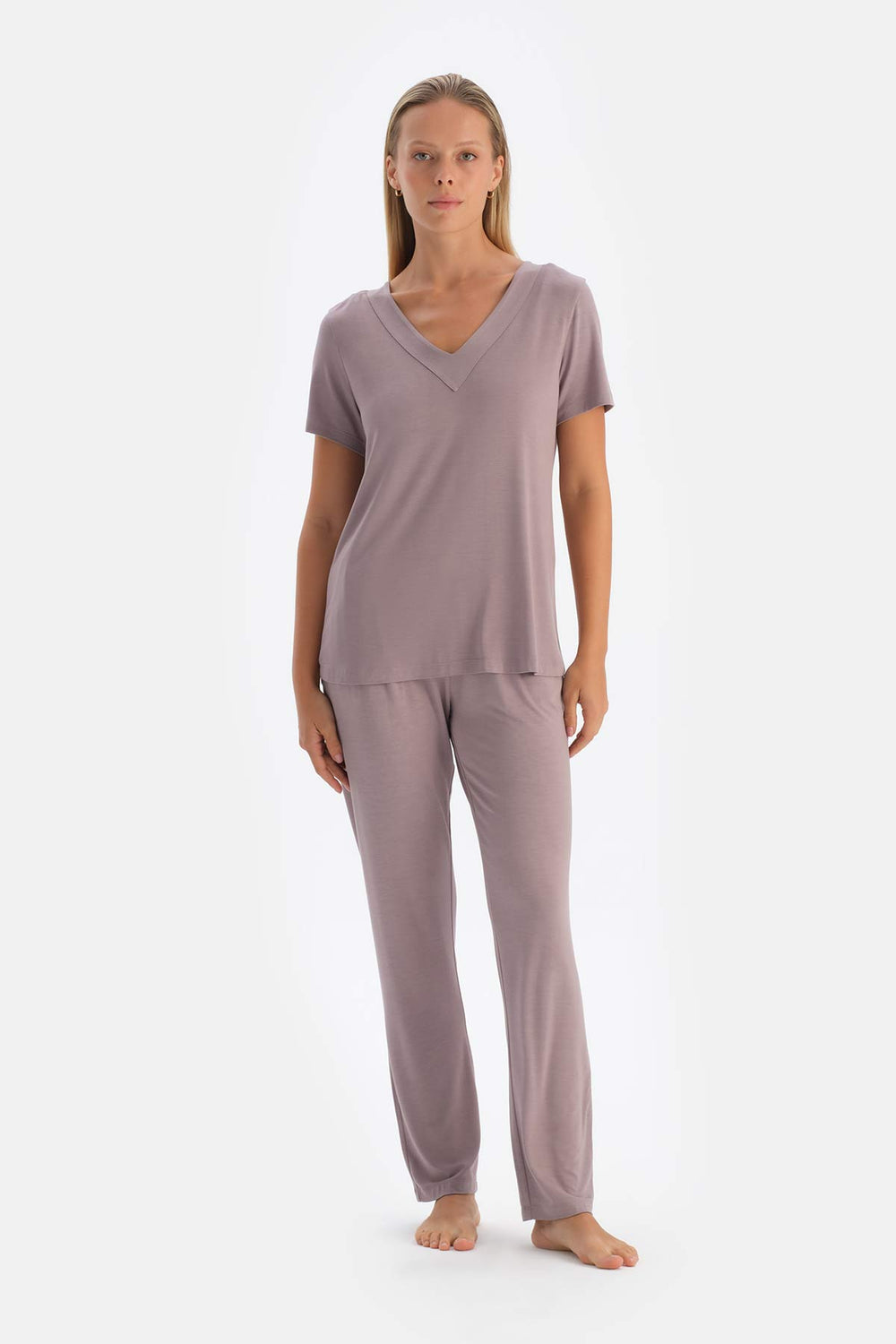 Açık Lila V Yaka Örme Pijama Takımı