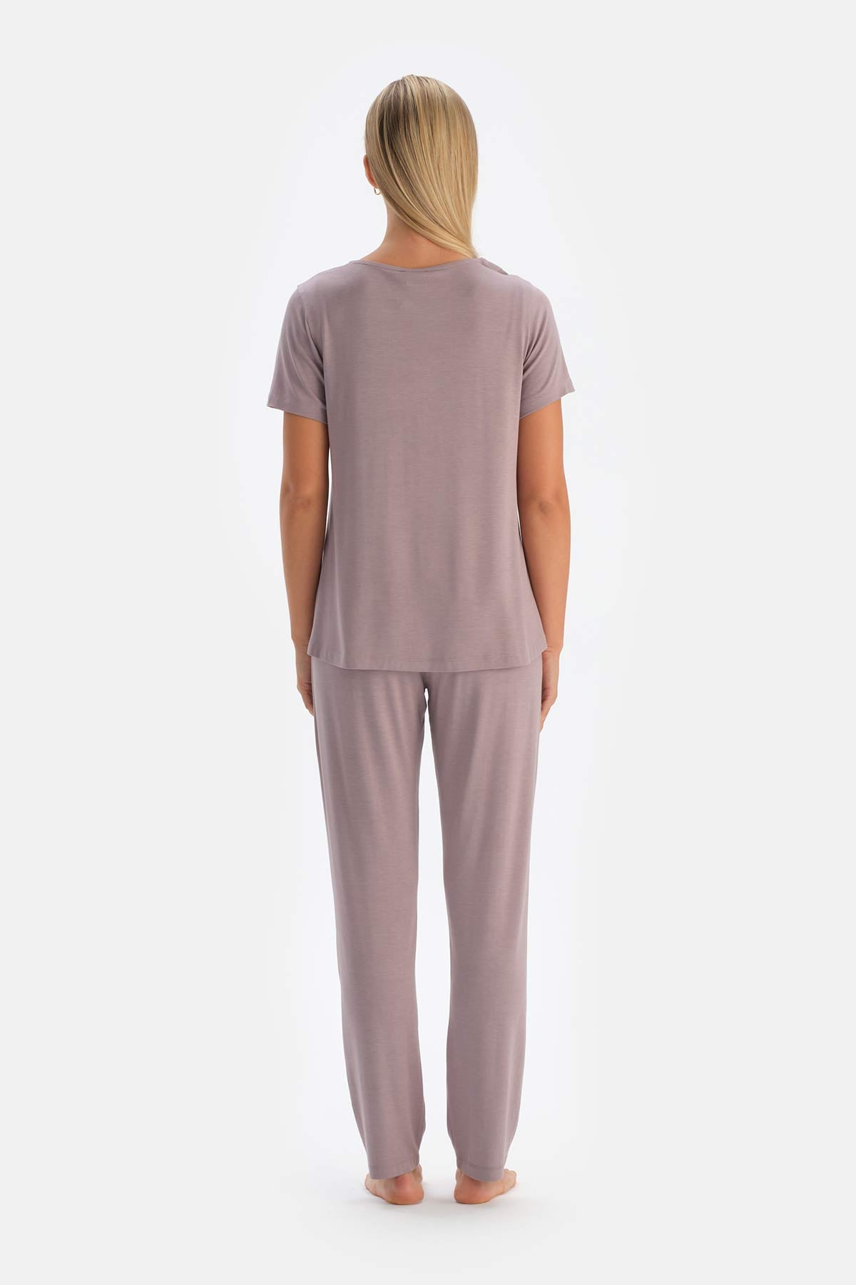 Açık Lila V Yaka Örme Pijama Takımı