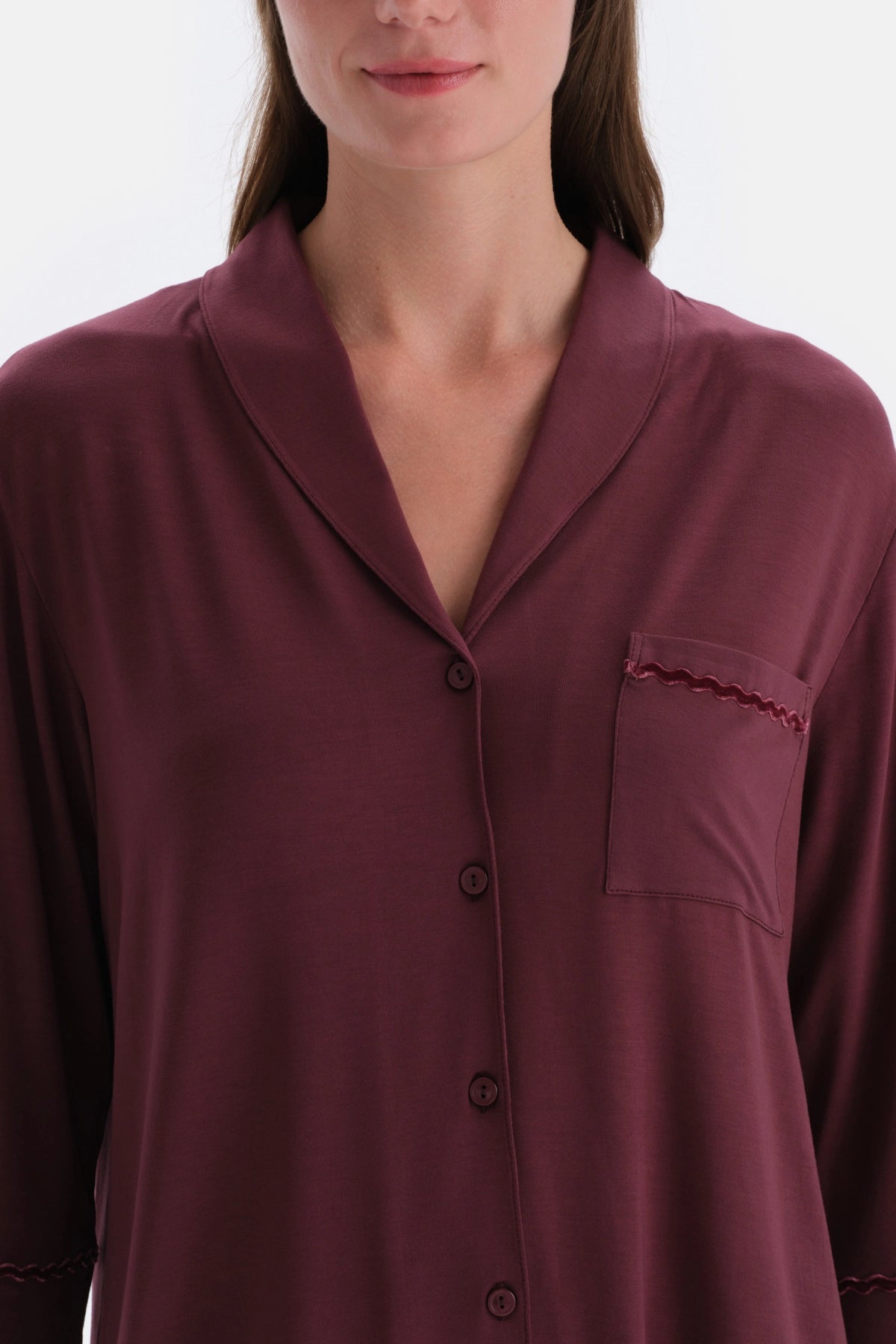 Bordo Kadife Şerit Detaylı Gömlek Pantolon Pijama Takımı