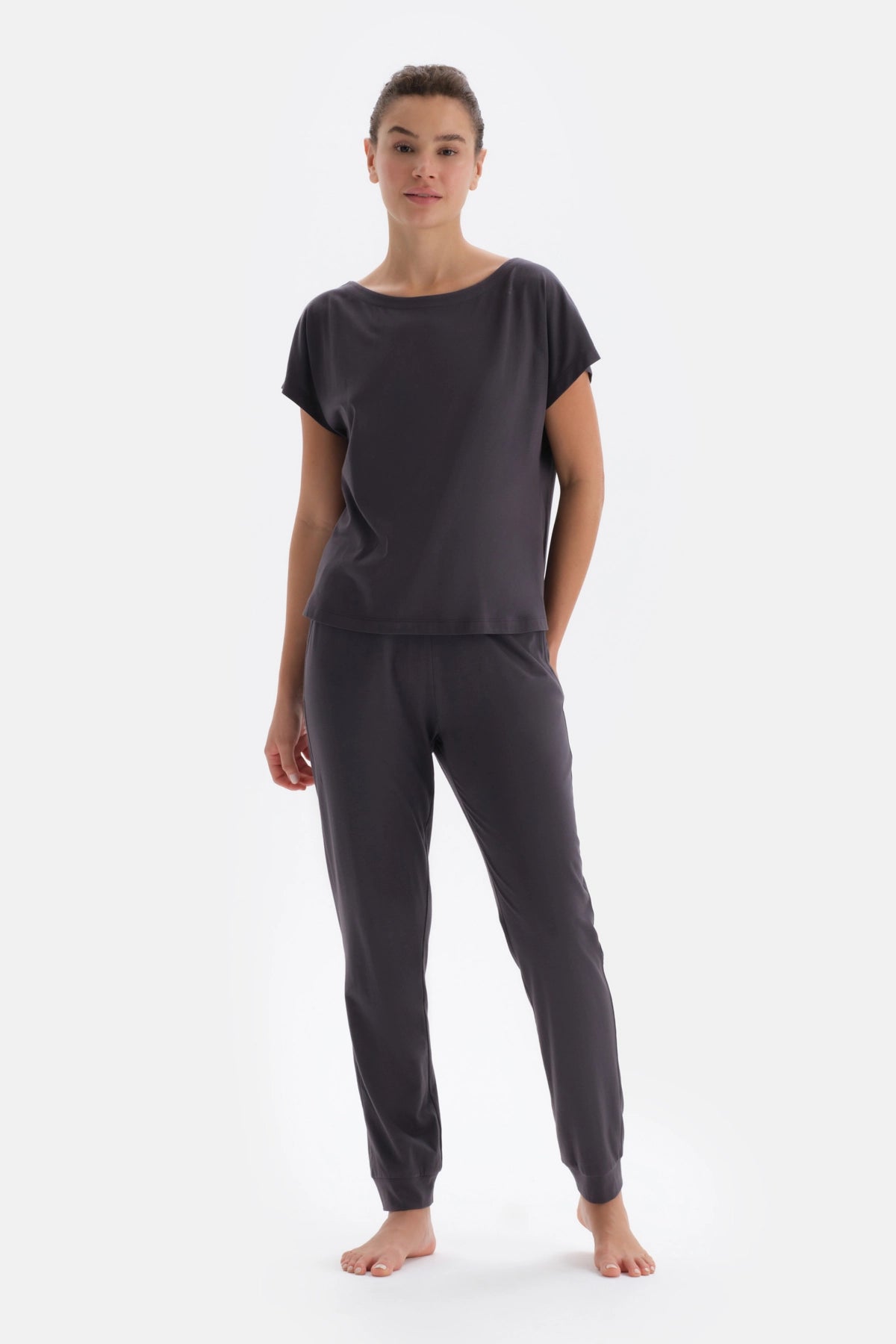 Antrasıt Kayık Yaka Kısa Kollu Örme Pijama Takımı
