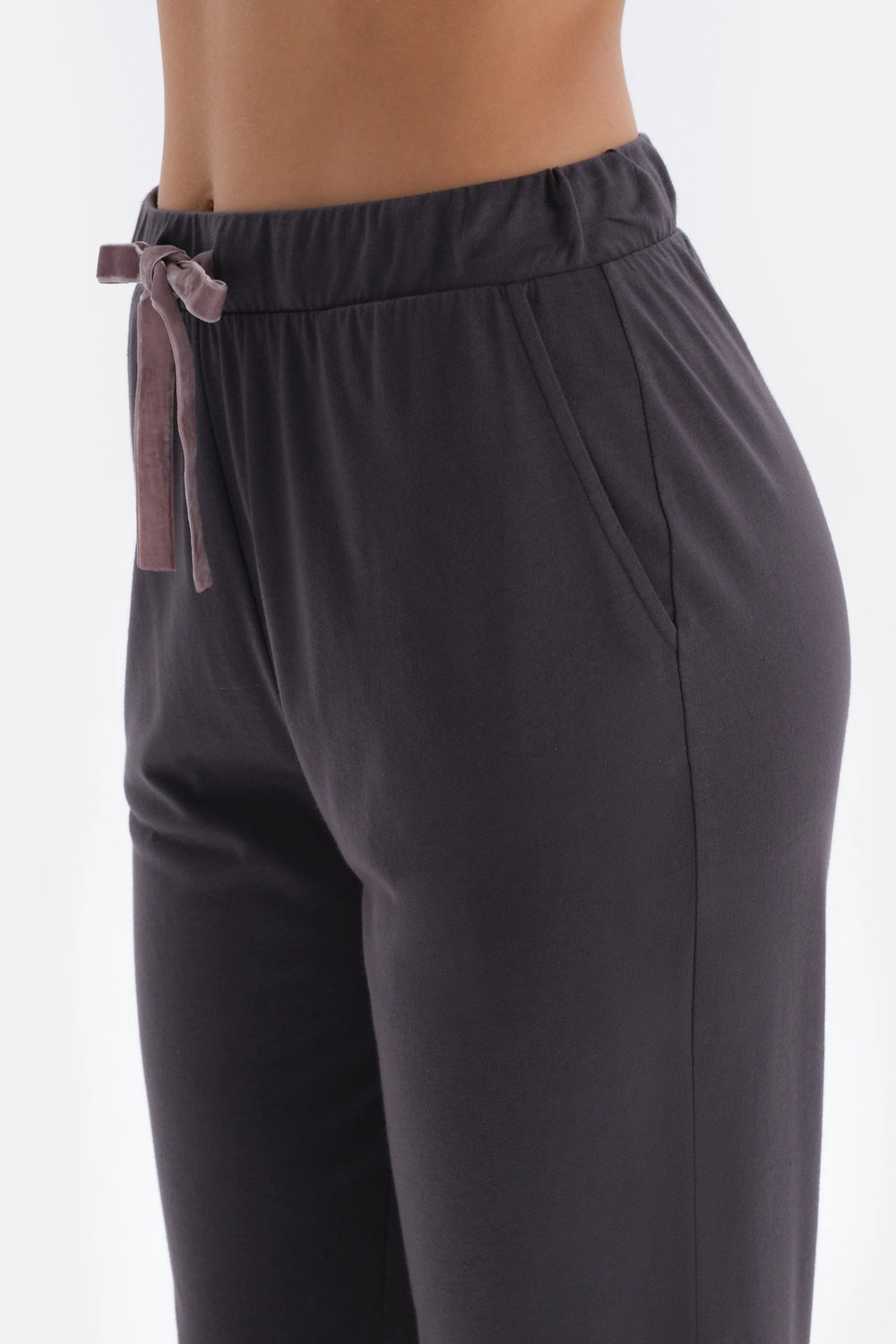 Antrasıt Kayık Yaka Kısa Kollu Örme Pijama Takımı