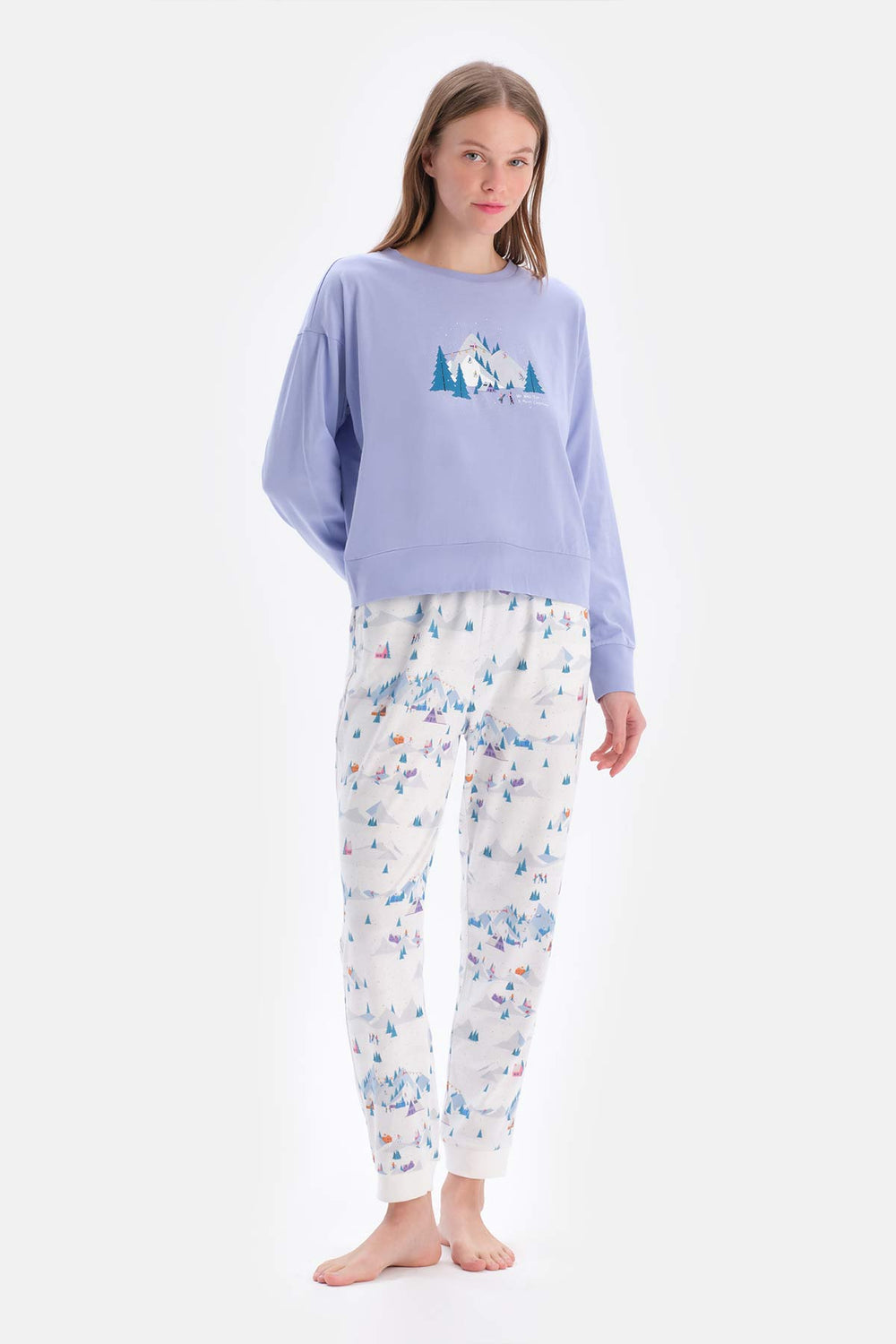 Açık Mavi Baskı Detaylı Bisiklet Yaka Pijama Takımı