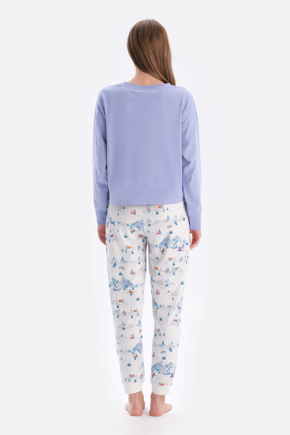 Açık Mavi Baskı Detaylı Bisiklet Yaka Pijama Takımı