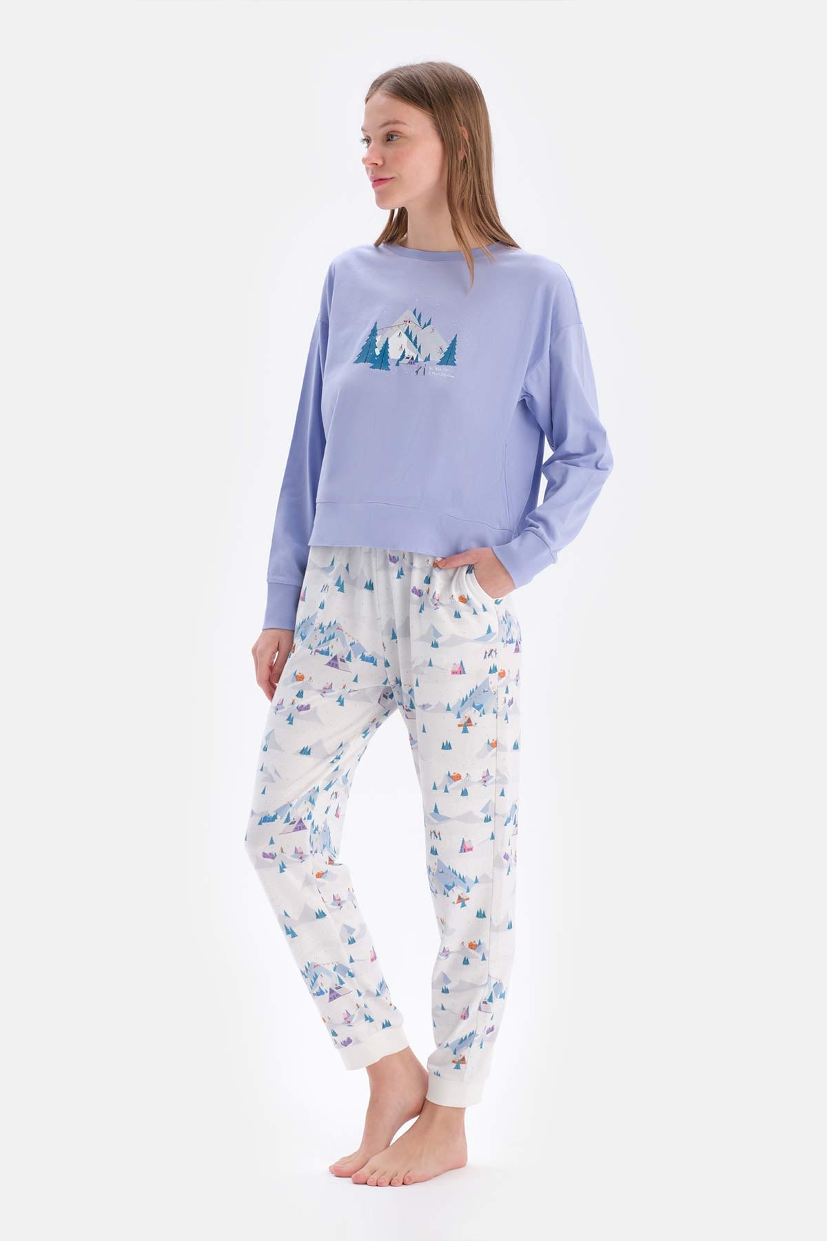 Açık Mavi Baskı Detaylı Bisiklet Yaka Pijama Takımı