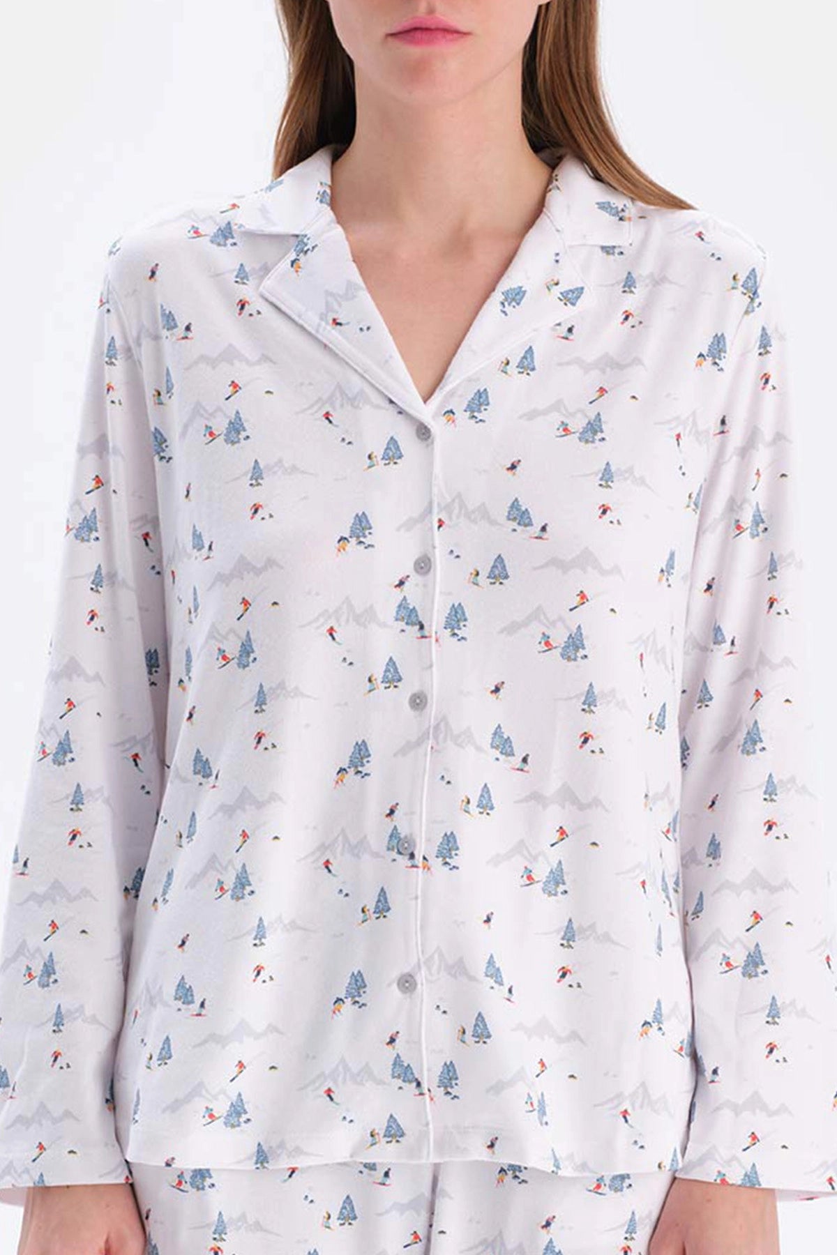 Beyaz Metraj Baskılı Gömlek Pantolon Pijama Takımı