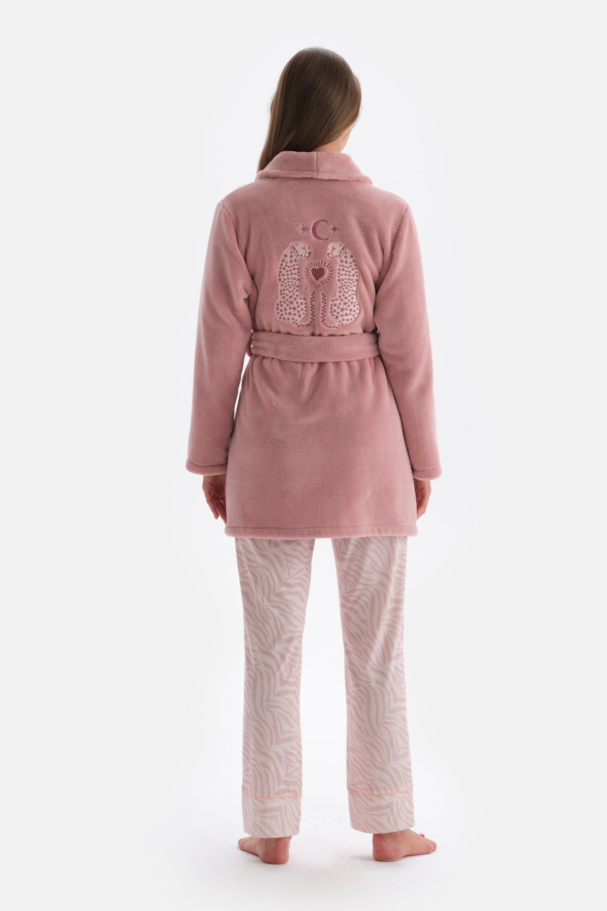 Pembe Nakış Detaylı Polar Sabahlık