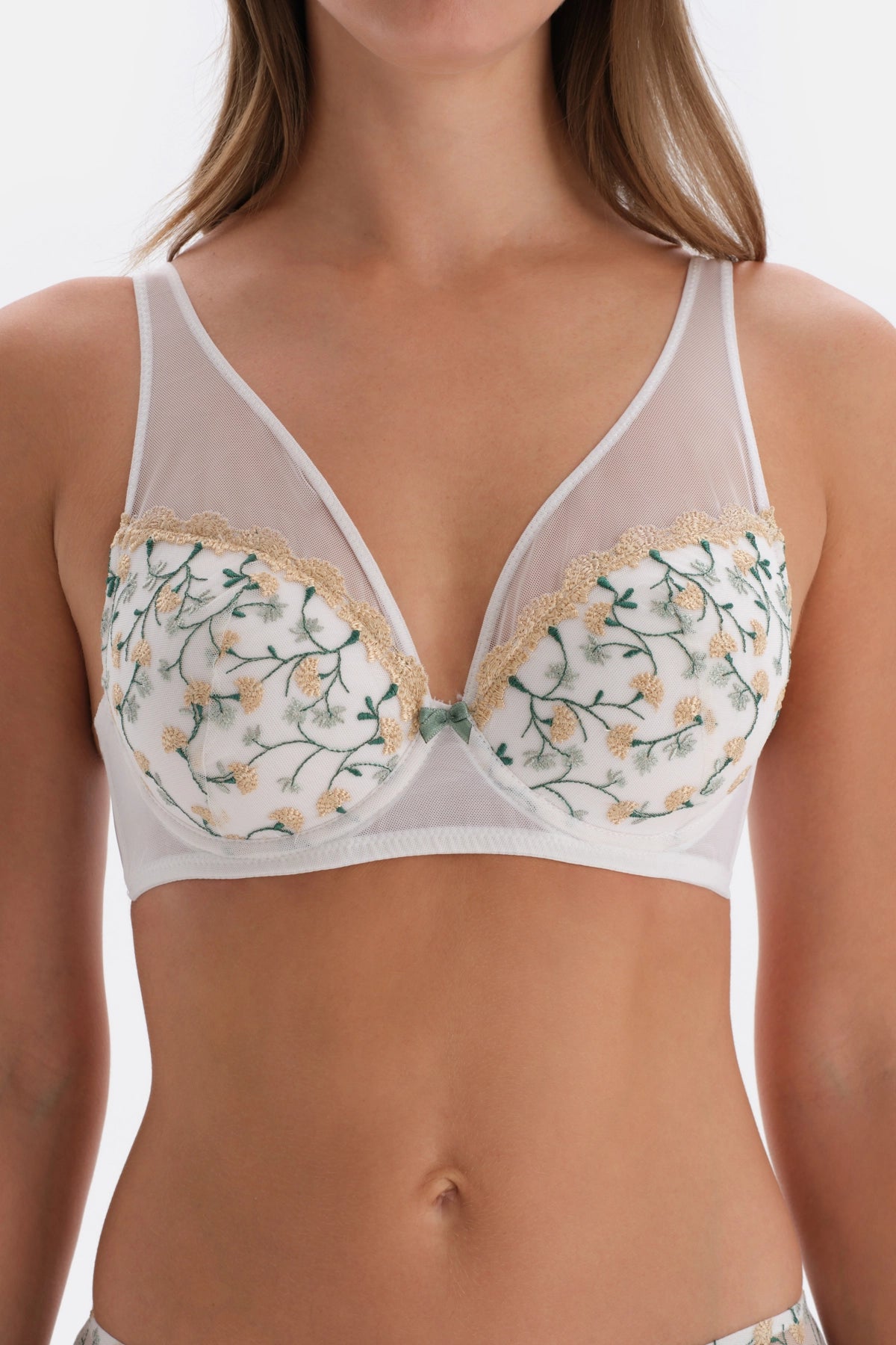 Ekru Çiçek Nakış Detaylı Dolgusuz Kaplı Sütyen