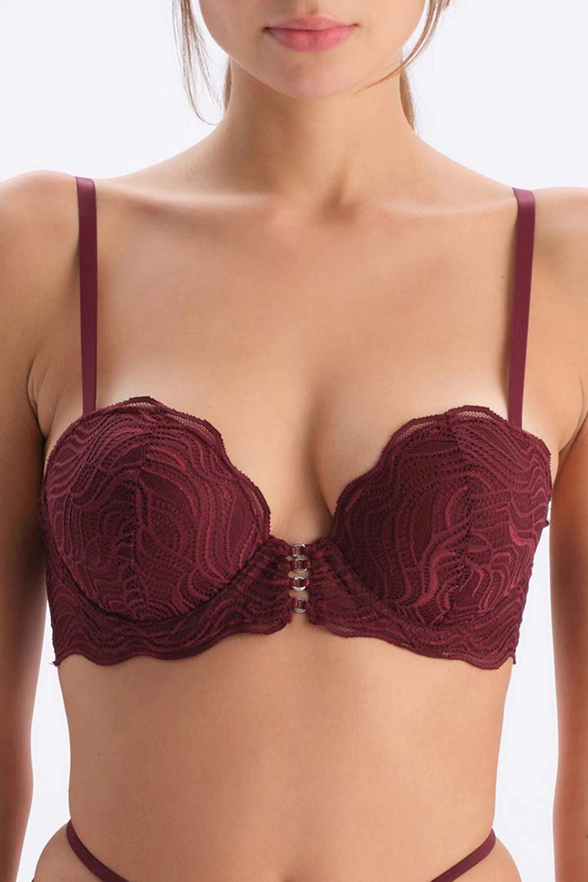 Bordo Aksesuar Detaylı Dantelli Push-Up Sütyen