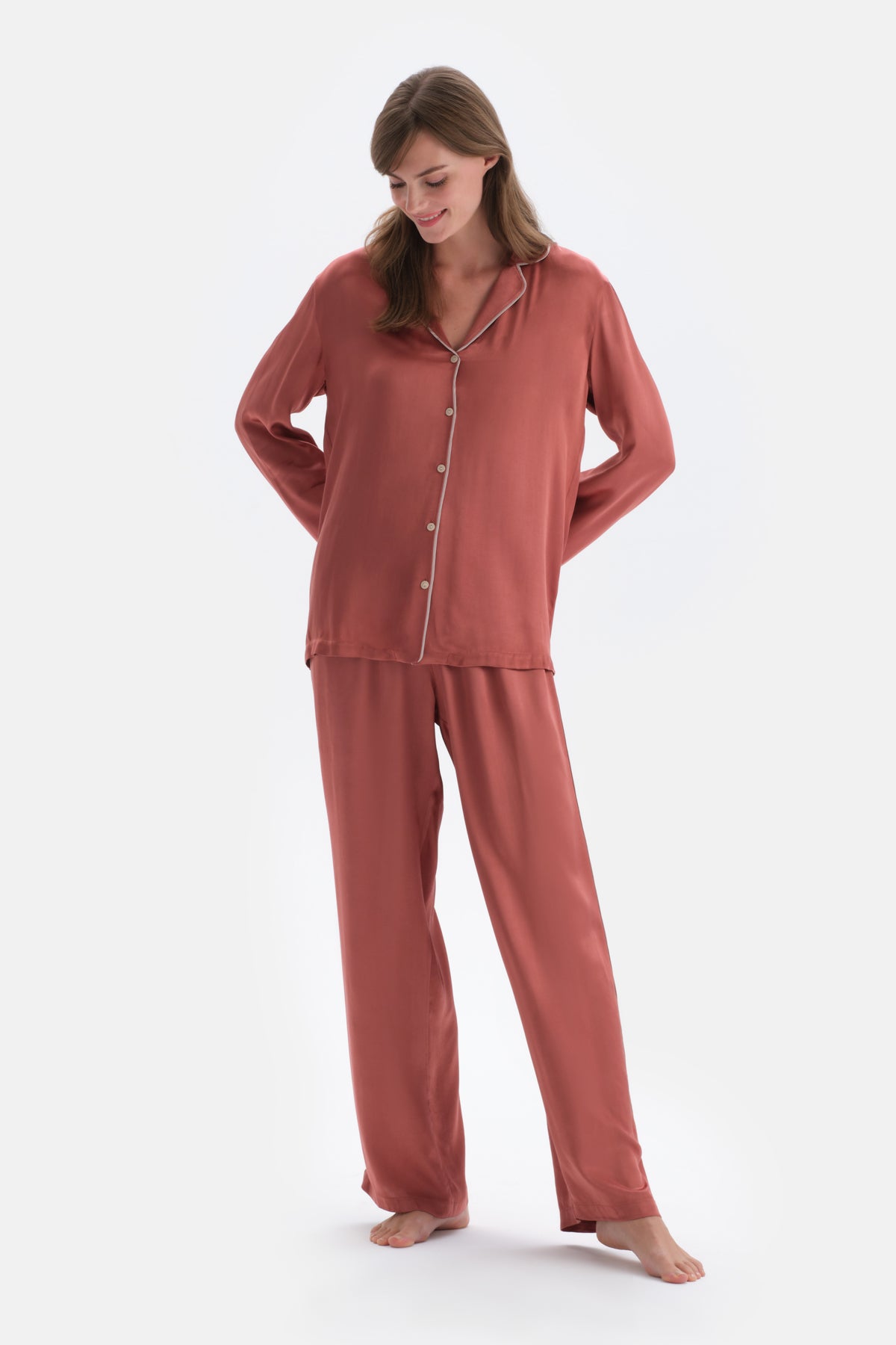 Kiremit Biye Detaylı Saten Pantolon Pijama Altı