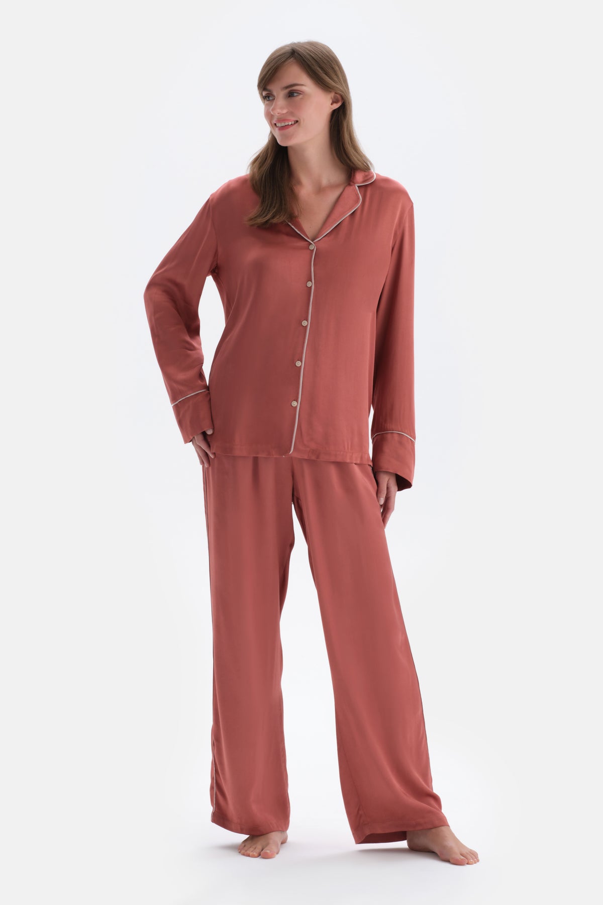 Kiremit Biye Detaylı Saten Pantolon Pijama Altı