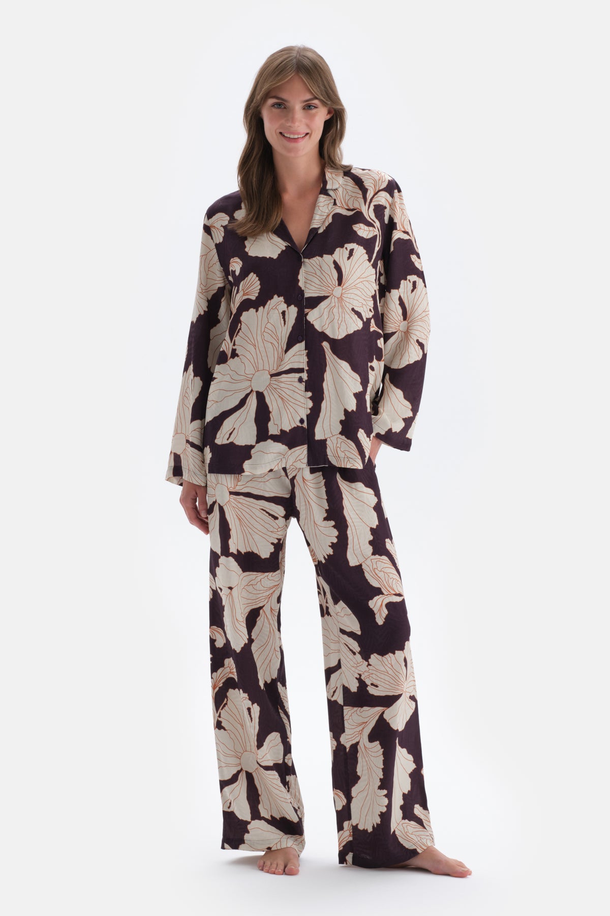 Mor Çiçek Baskı Detaylı Saten Pantolon Pijama Altı