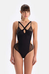 Siyah Tül Detaylı Balenli Bodysuit