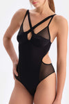 Siyah Tül Detaylı Balenli Bodysuit