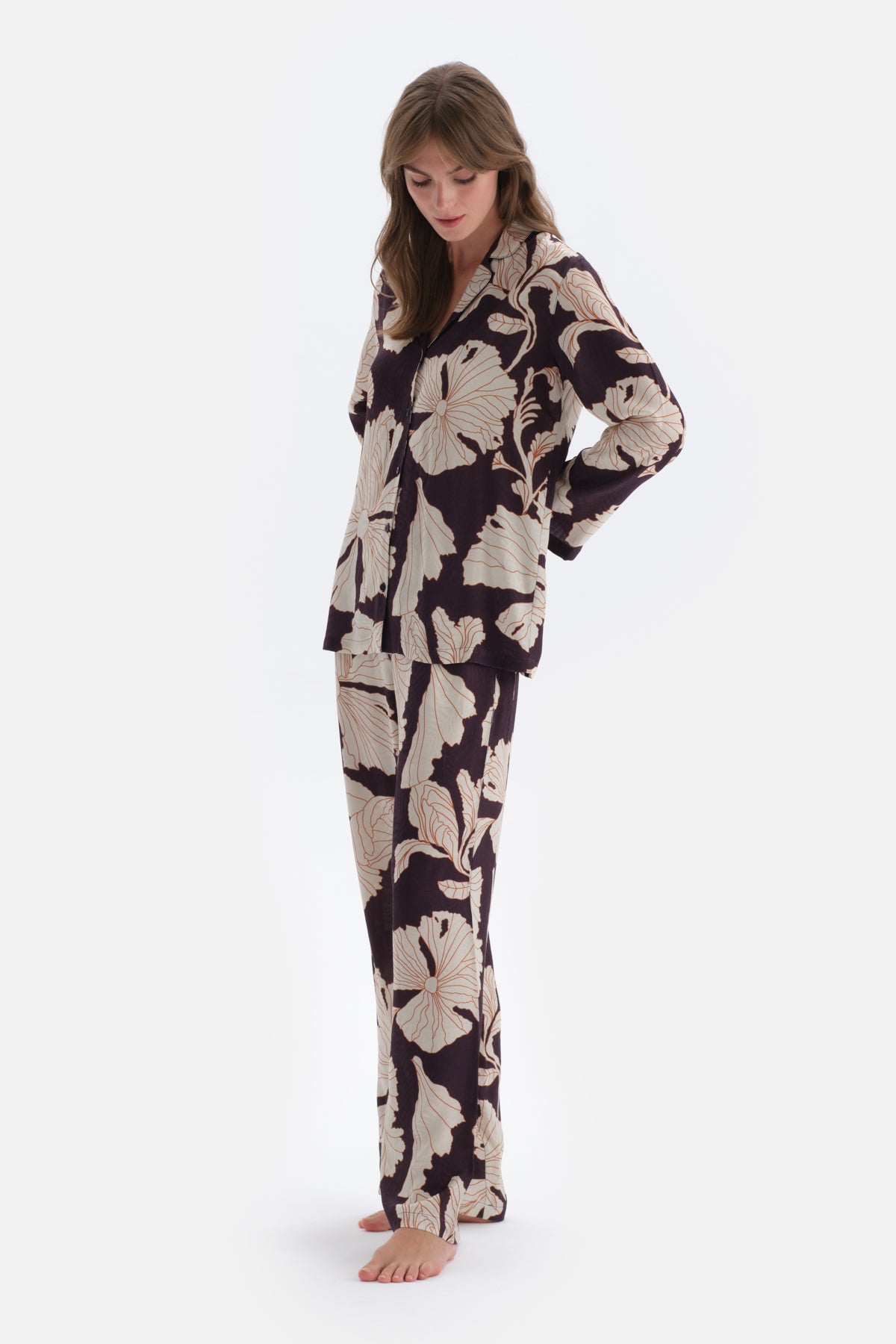 Mor Çiçek Baskı Detaylı Saten Gömlek Pijama Üstü