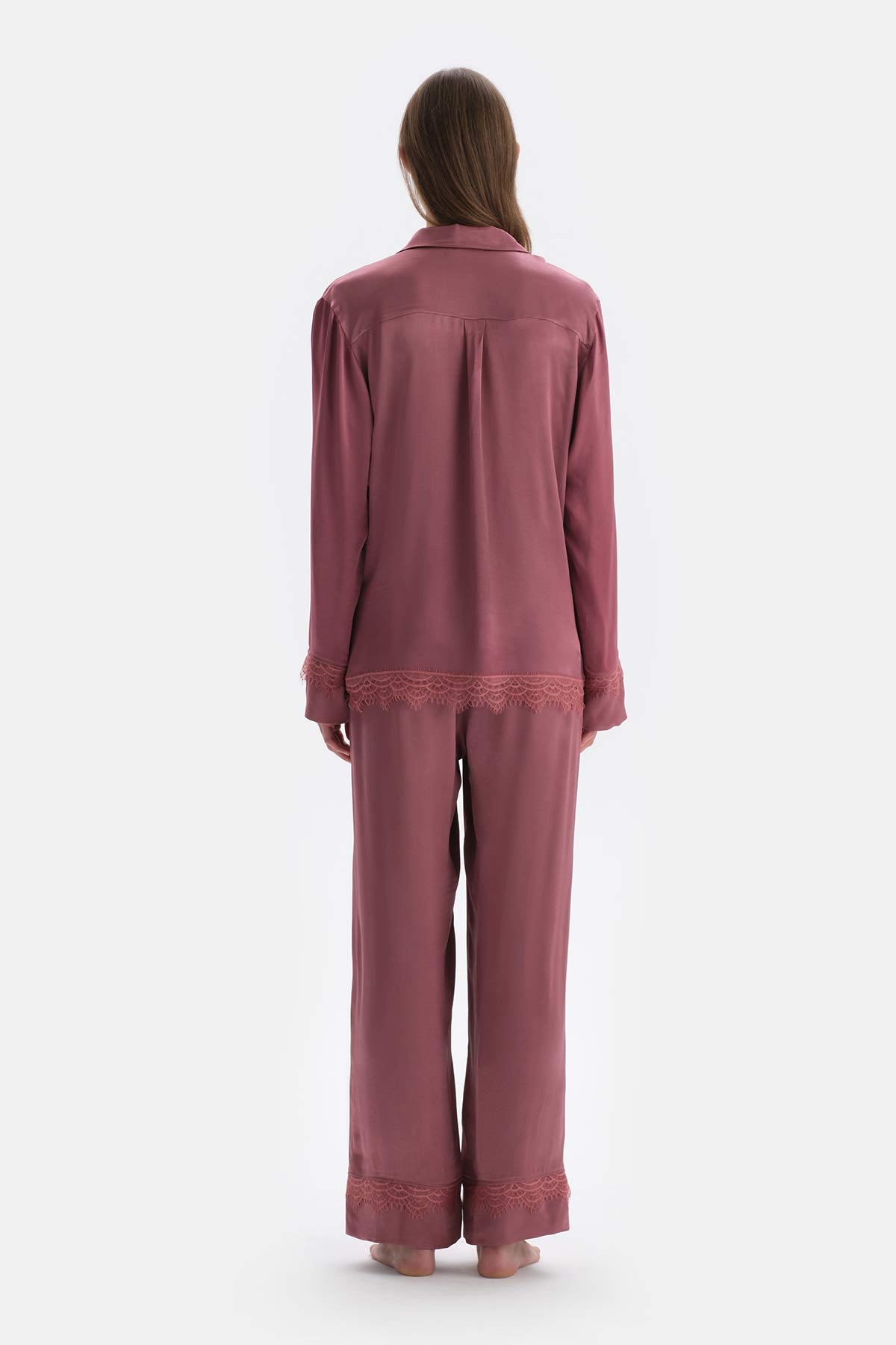 Gül Kurusu Dantel Detaylı Dokuma Gömlek Pijama Üstü