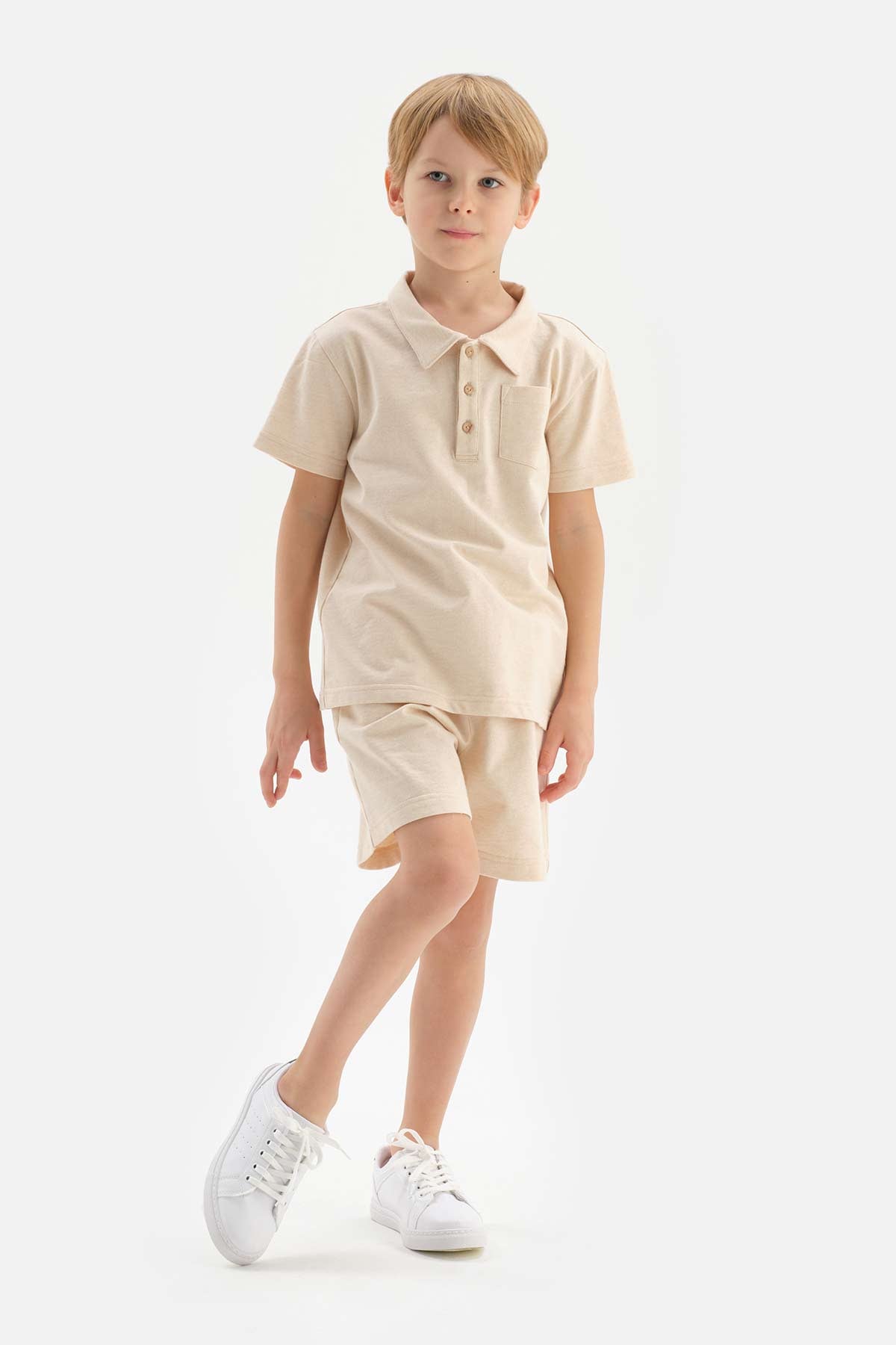 Bej Doğal Renkli Polo Yaka Unısex Tişört