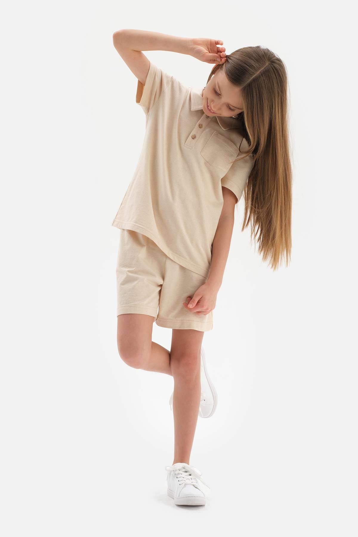 Bej Doğal Renkli Polo Yaka Unısex Tişört