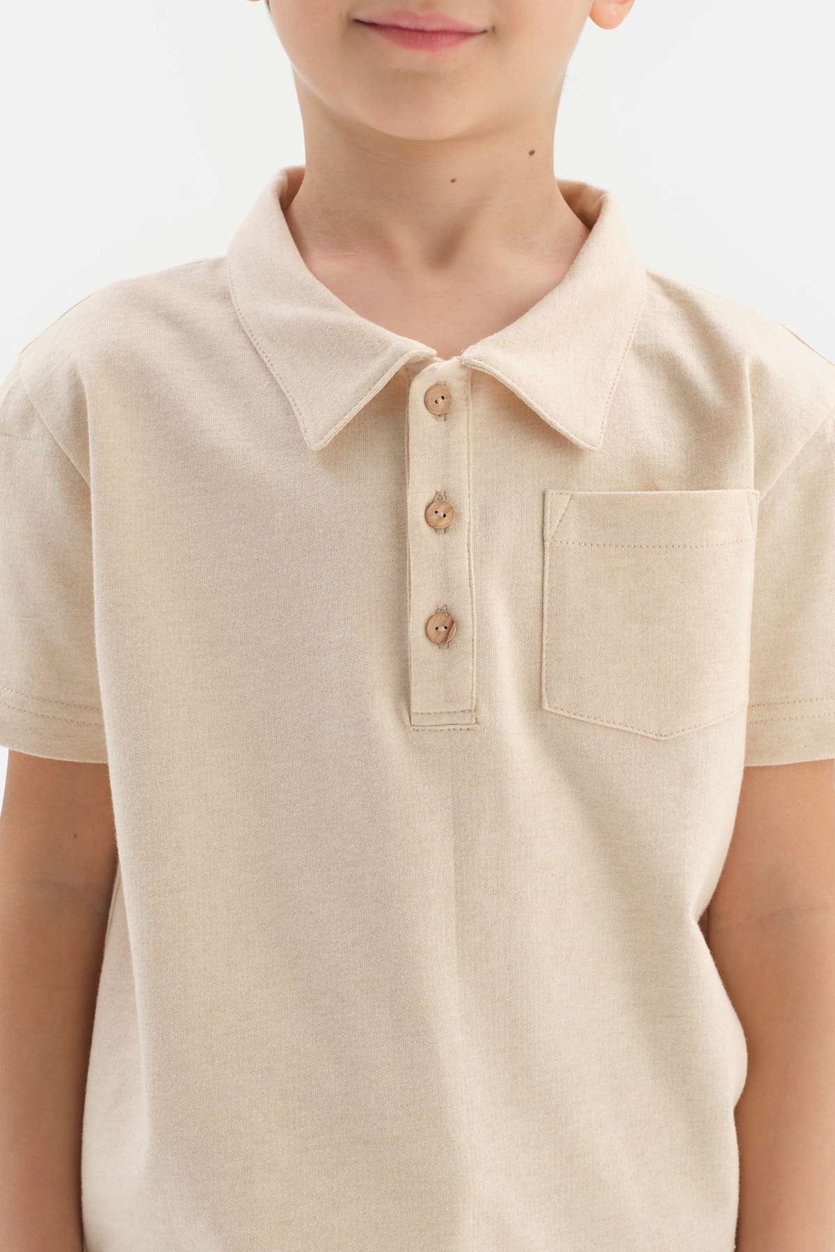 Bej Doğal Renkli Polo Yaka Unısex Tişört