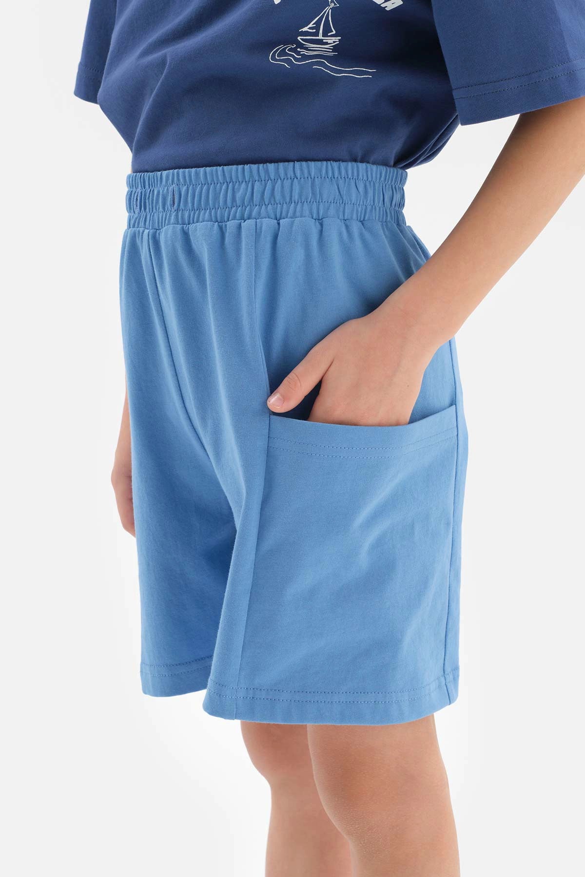 Mavi Slogan Detaylı Bisiklet Yaka Kısa Kollu Tişört Şort Pijama Takımı