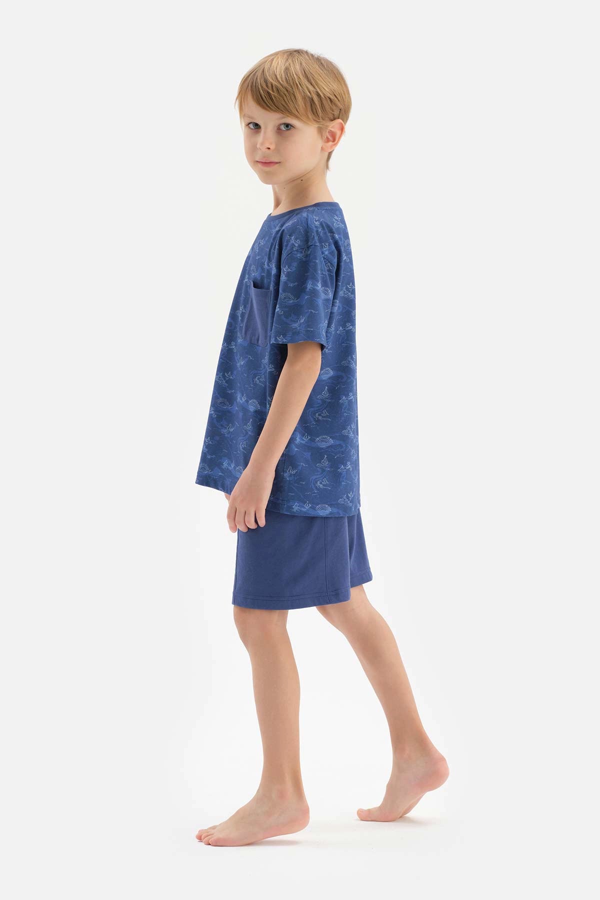 Lacivert Metraj Baskılı Cep Detaylı Şortlu Pijama Takımı