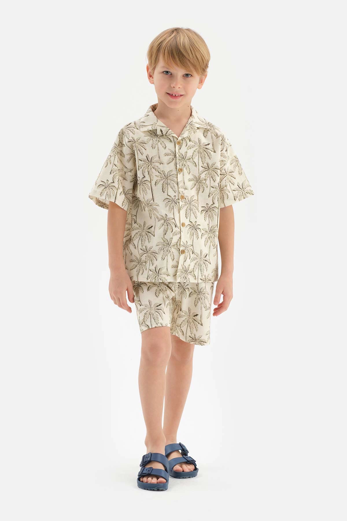 Bej Keten Palmiye Desenli Gömlek