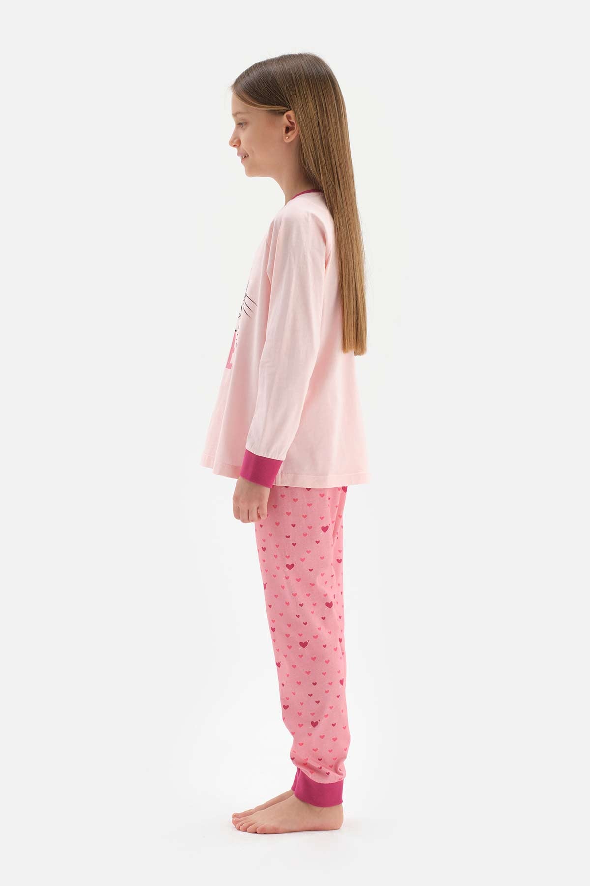 Pembe Kız Çocuk Lisans Baskılı Uzun Kollu Jogger Paçalı Pijama Takımı