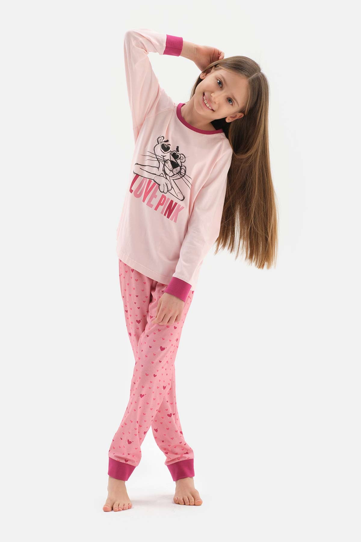 Pembe Kız Çocuk Lisans Baskılı Uzun Kollu Jogger Paçalı Pijama Takımı