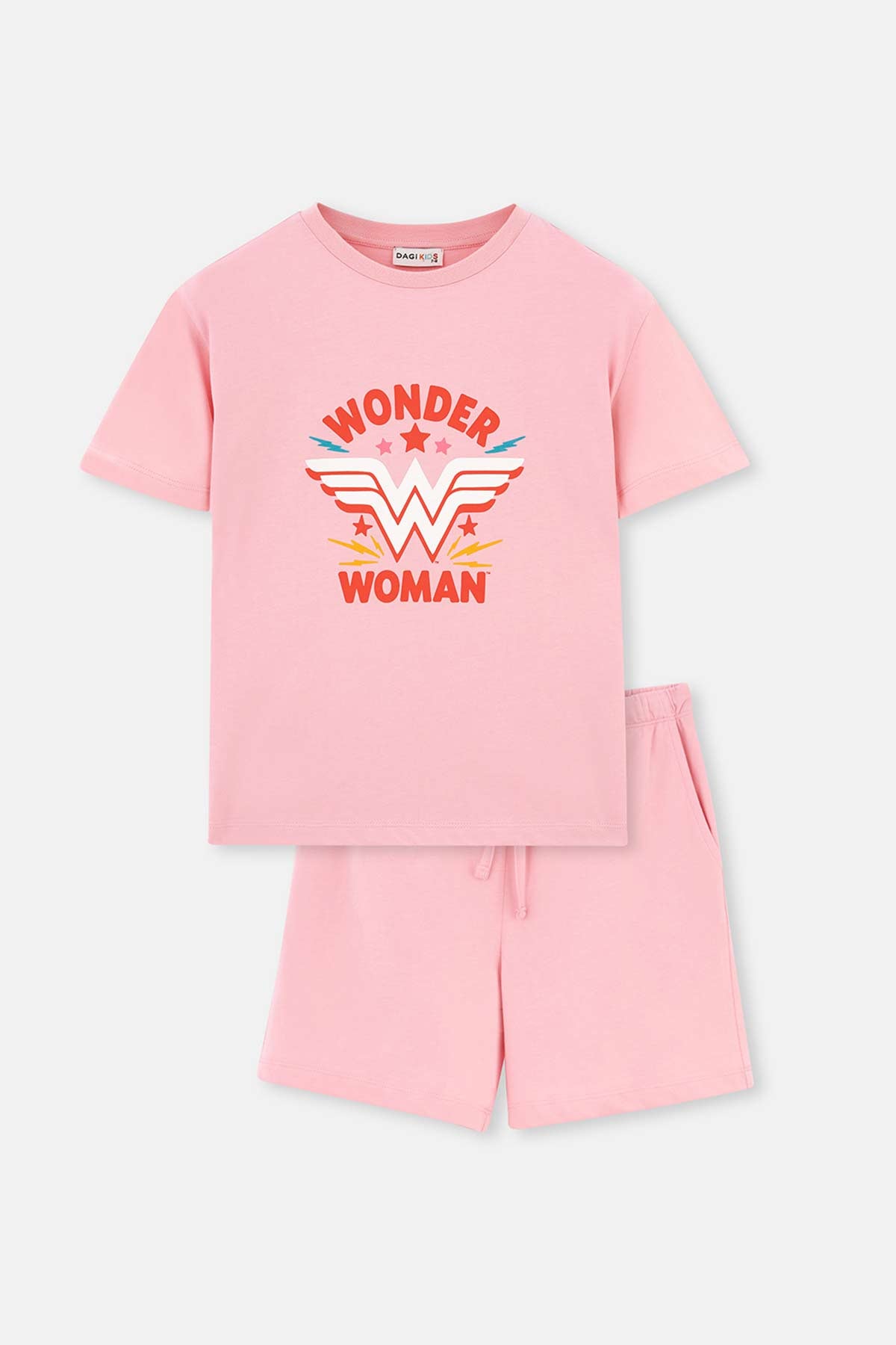 Pembe Kız Çocuk Wonder Woman Baskılı Kısa Kol Şortlu Pijama Takımı