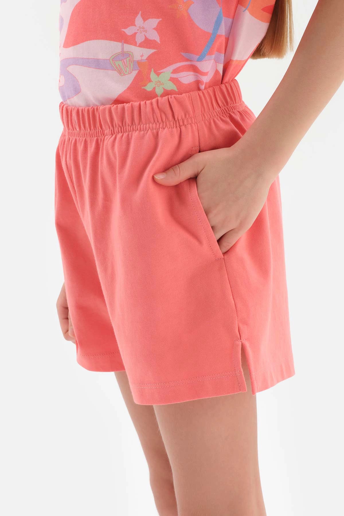 Pembe Metraj Baskılı Kısa Kol Tişört Şort Pijama Takımı