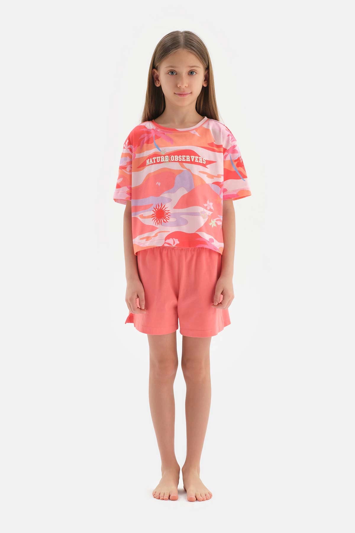 Pembe Metraj Baskılı Kısa Kol Tişört Şort Pijama Takımı