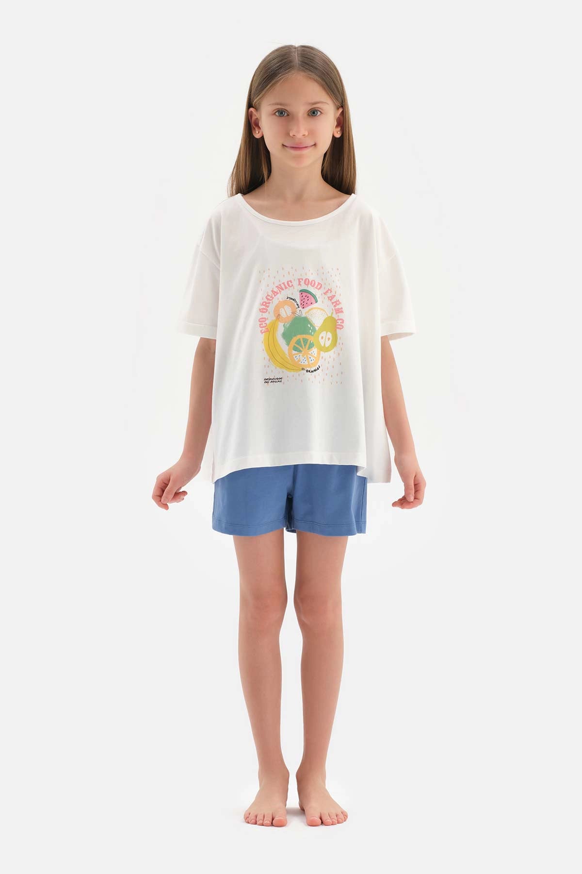 Beyaz Kız Çocuk Baskı Detaylı Kısa Kol Şortlu Pijama Takımı