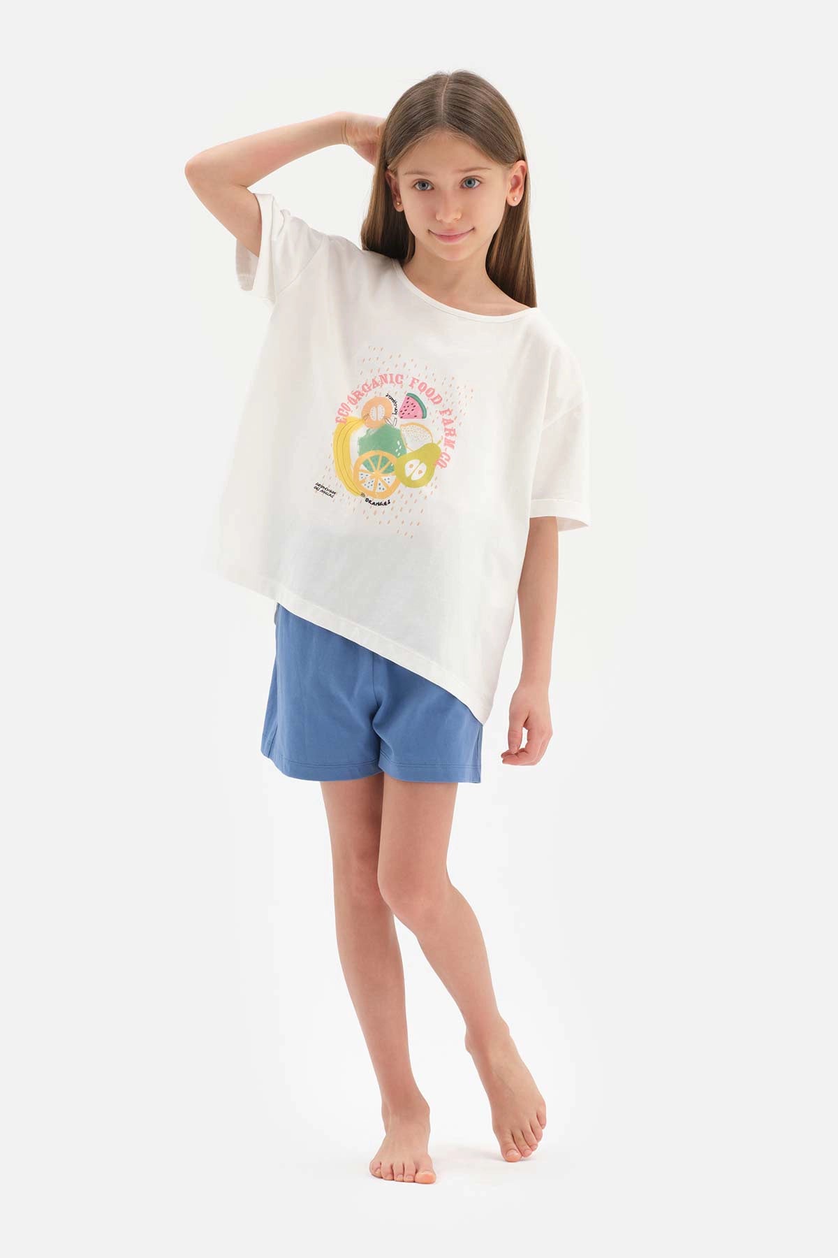 Beyaz Kız Çocuk Baskı Detaylı Kısa Kol Şortlu Pijama Takımı