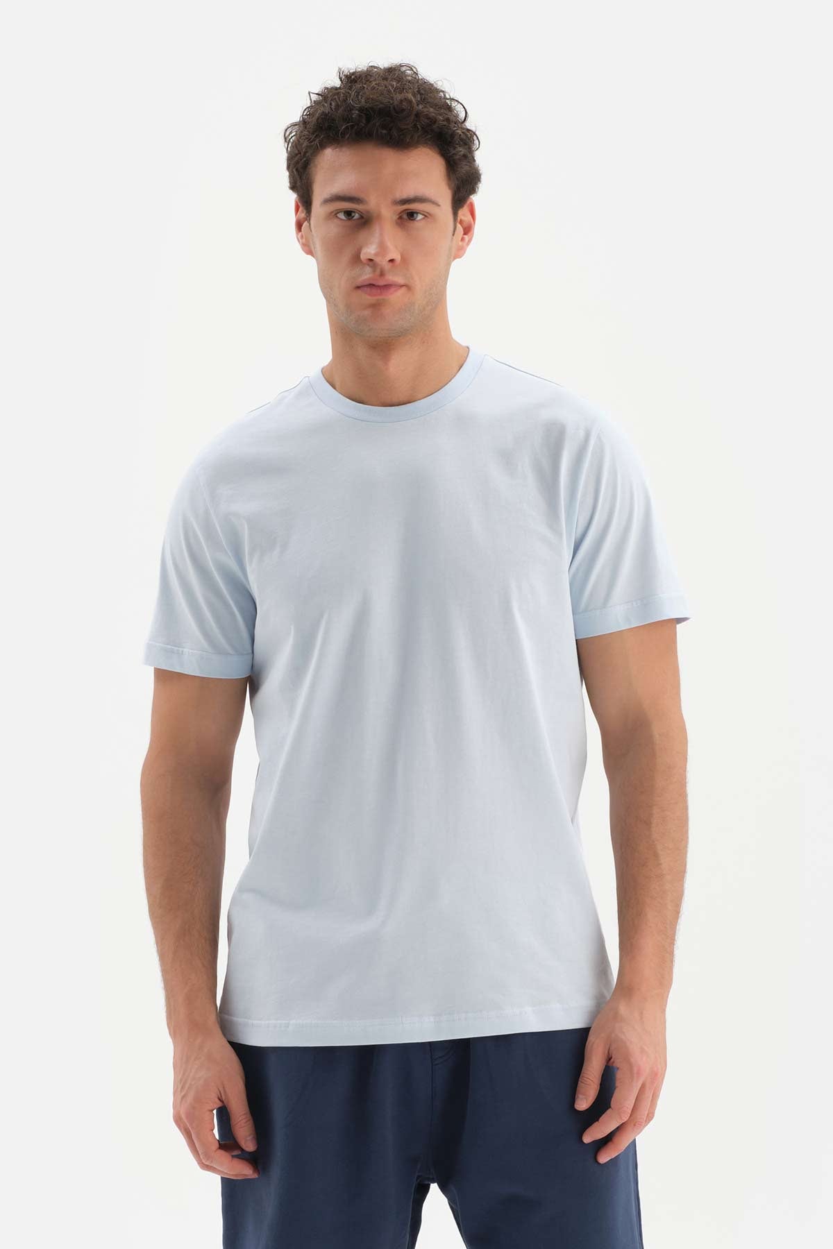 Açıkmavi Bisiklet Yaka Supima Pamuklu Kısa Kol T-Shirt