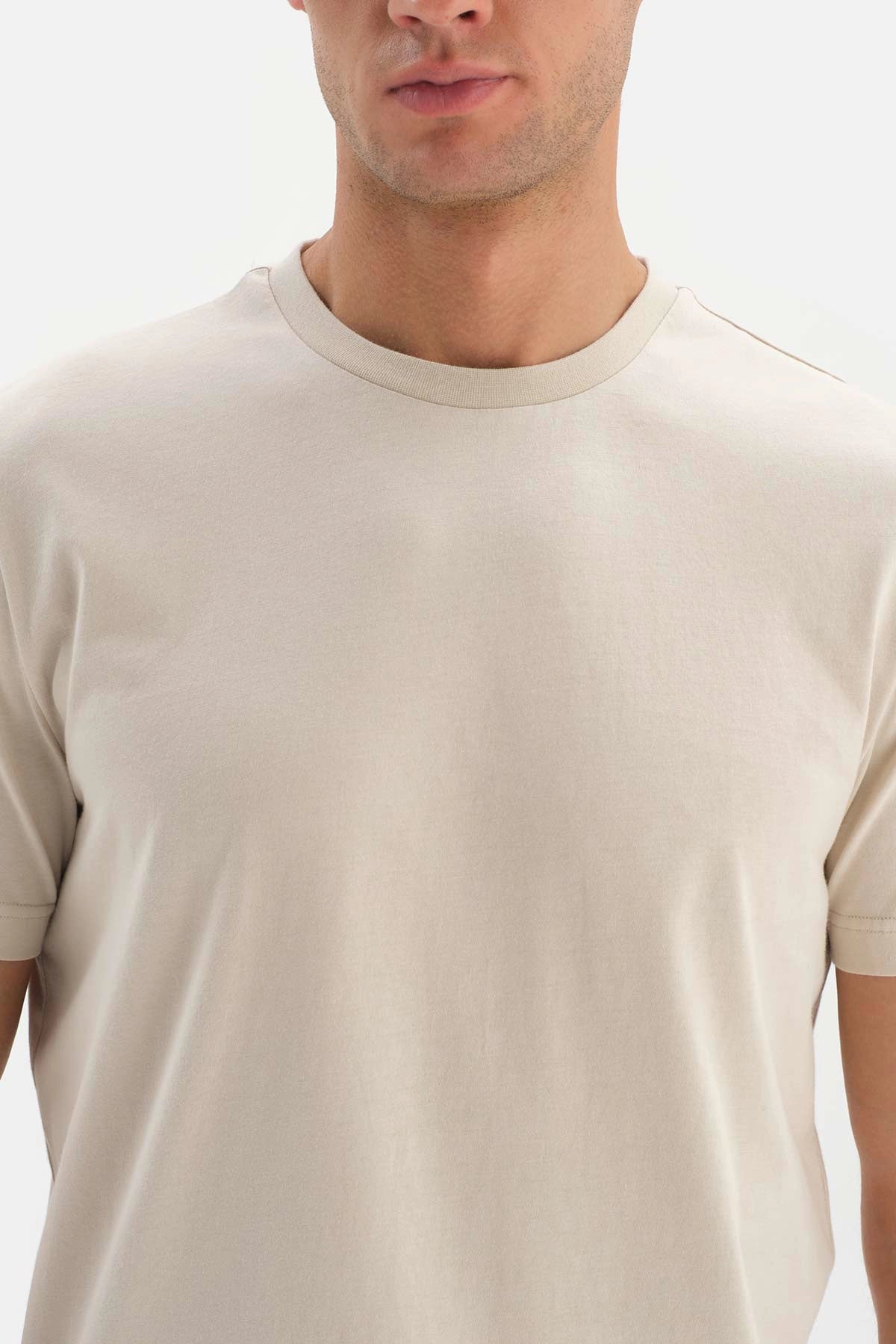 Bej Bisiklet Yaka Supima Pamuklu Kısa Kol T-Shirt