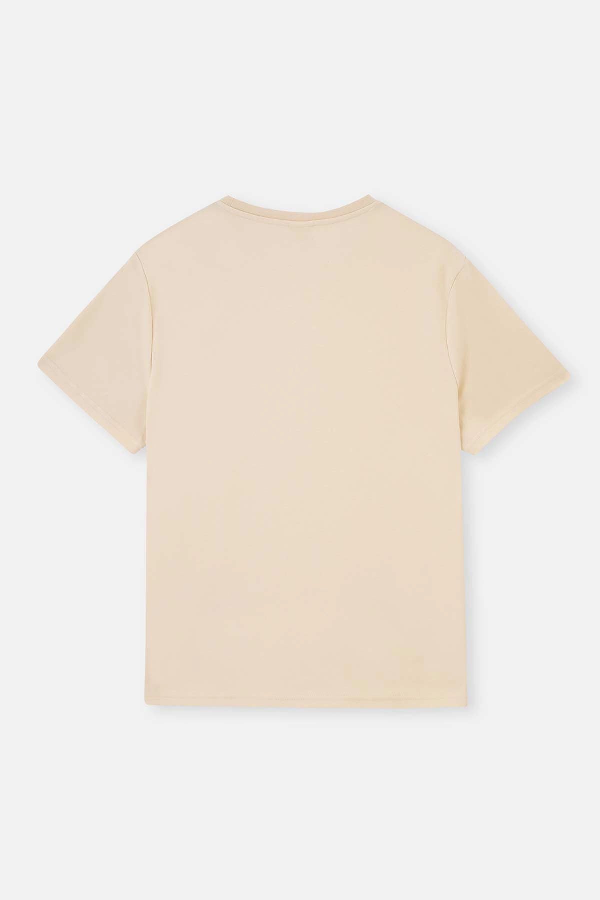 Ekru Bisiklet Yaka Interlok Pamuklu Kısa Kollu Tişört