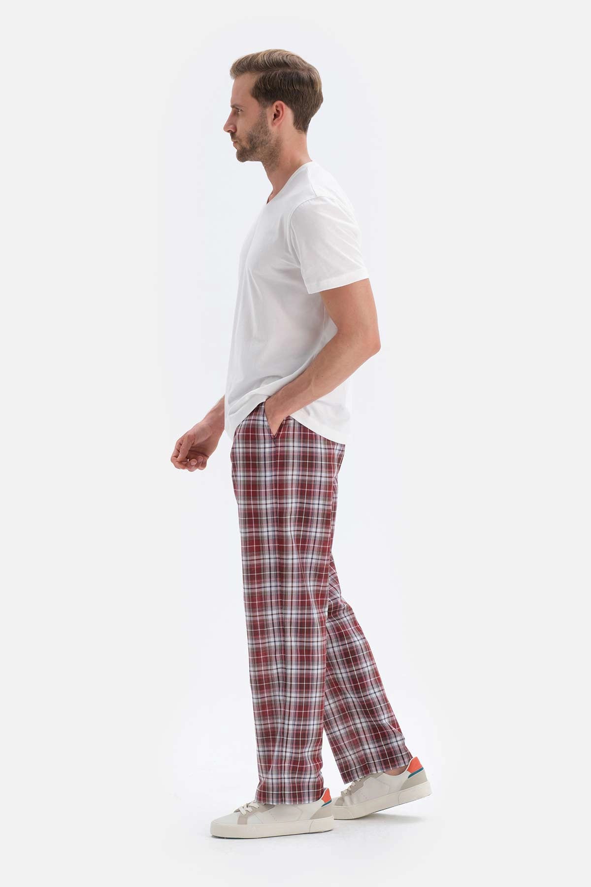 Bordo Ekoseli Dokuma Pijama Altı