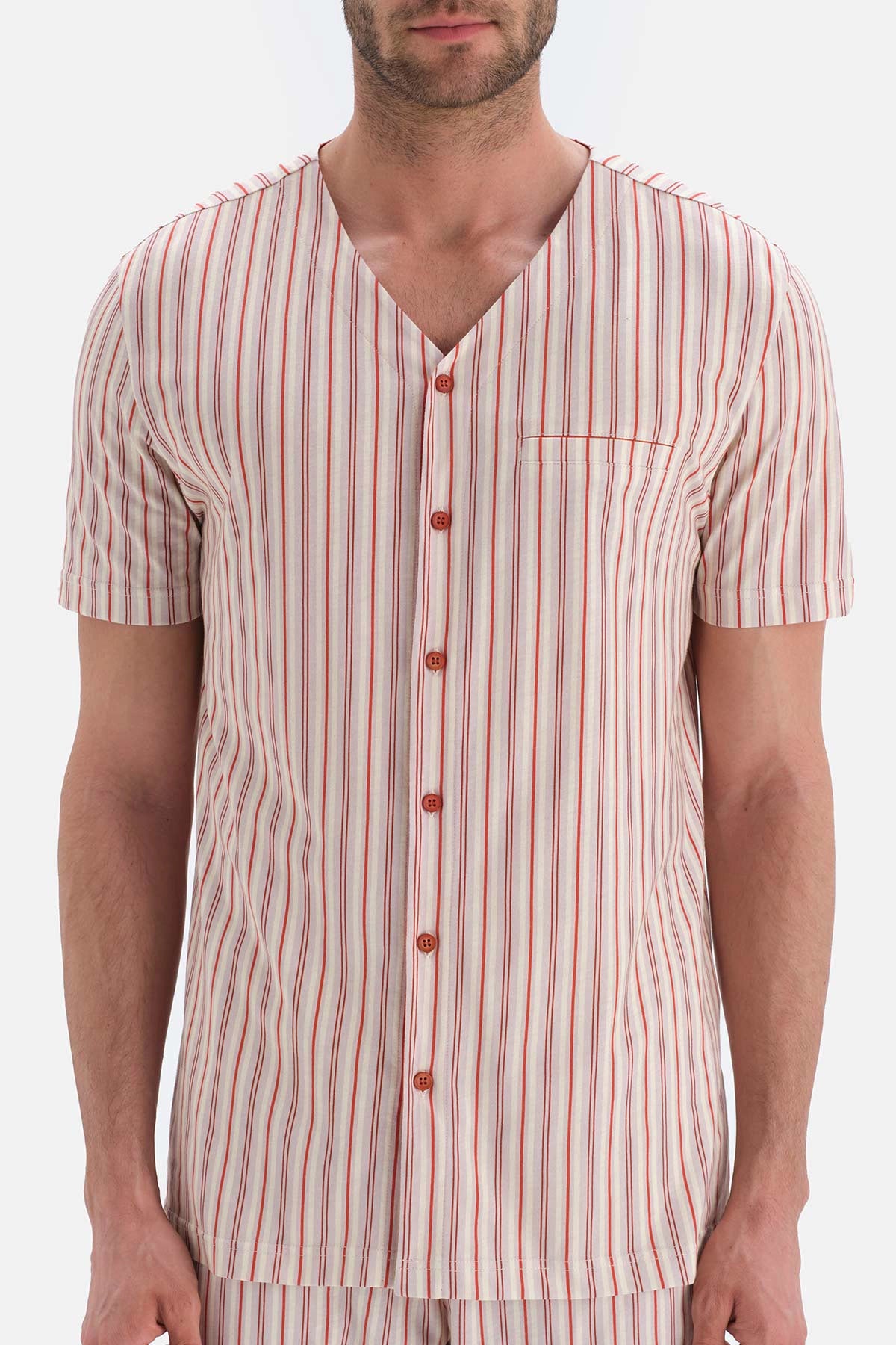 Ekru Çizgili Kısa Kol V Yaka Pamuklu Pijama Takımı