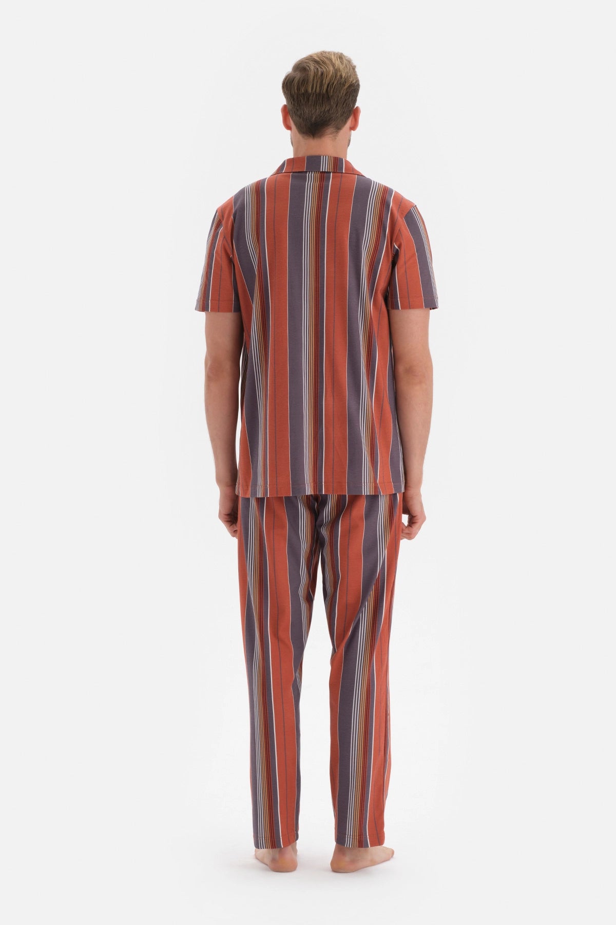 Bordo Gömlek Yaka Çizgili Örme Pijama Takım