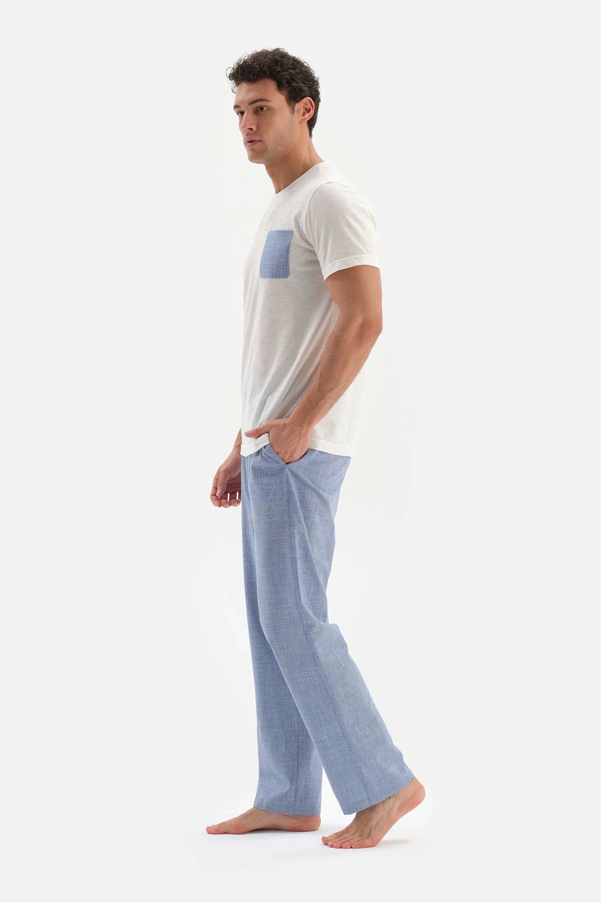 Beyaz Kısa Kol Cep Garnili Pamuklu Pijama Takımı