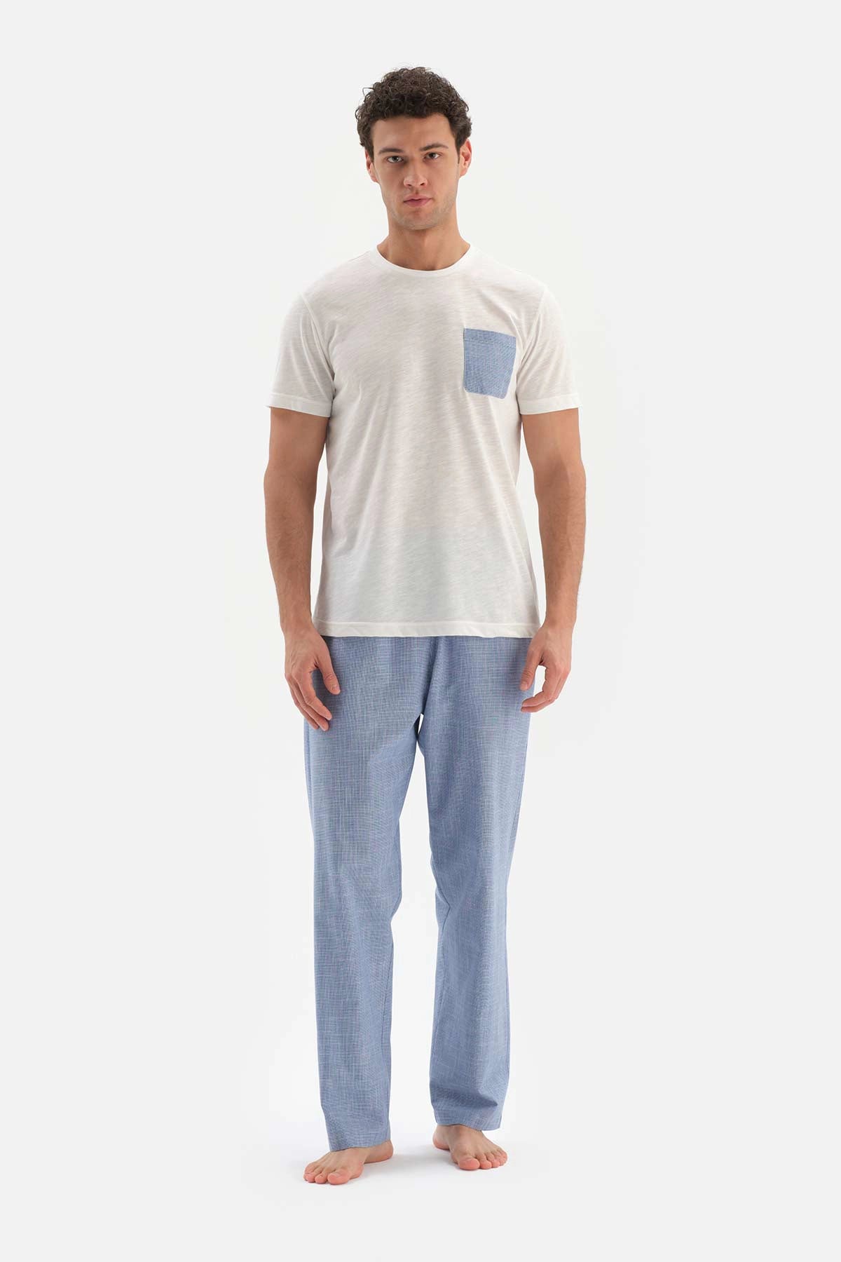 Beyaz Kısa Kol Cep Garnili Pamuklu Pijama Takımı