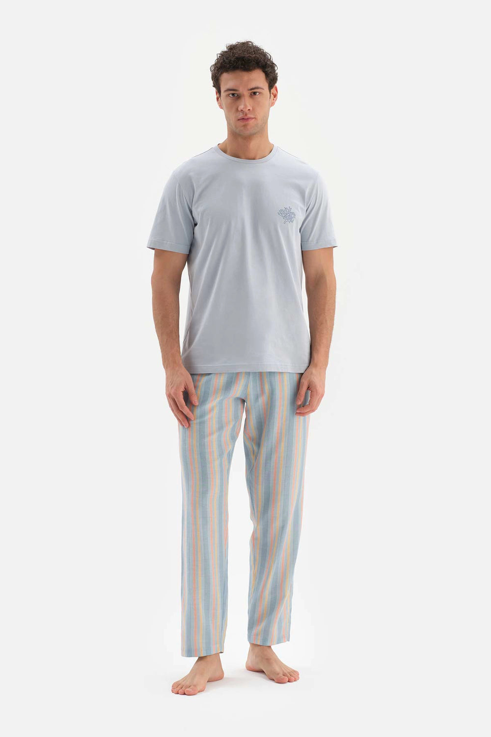 Açıkmavi Çizgili Kısa Kol Pamuklu Pijama Takımı