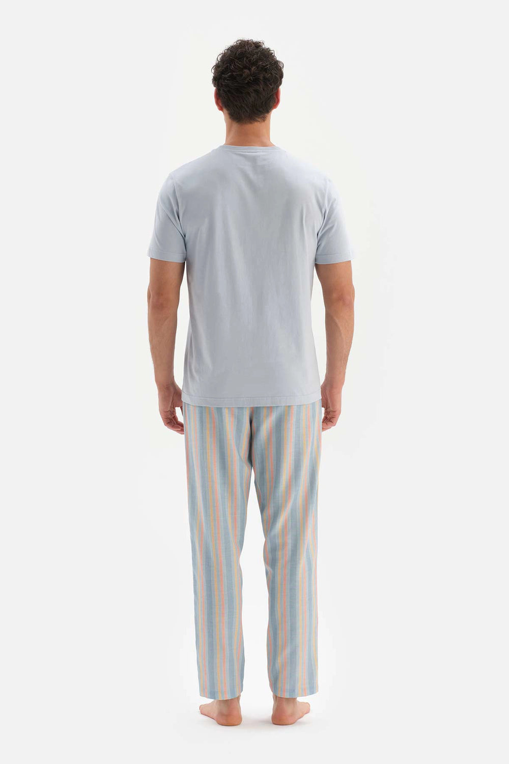 Açıkmavi Çizgili Kısa Kol Pamuklu Pijama Takımı