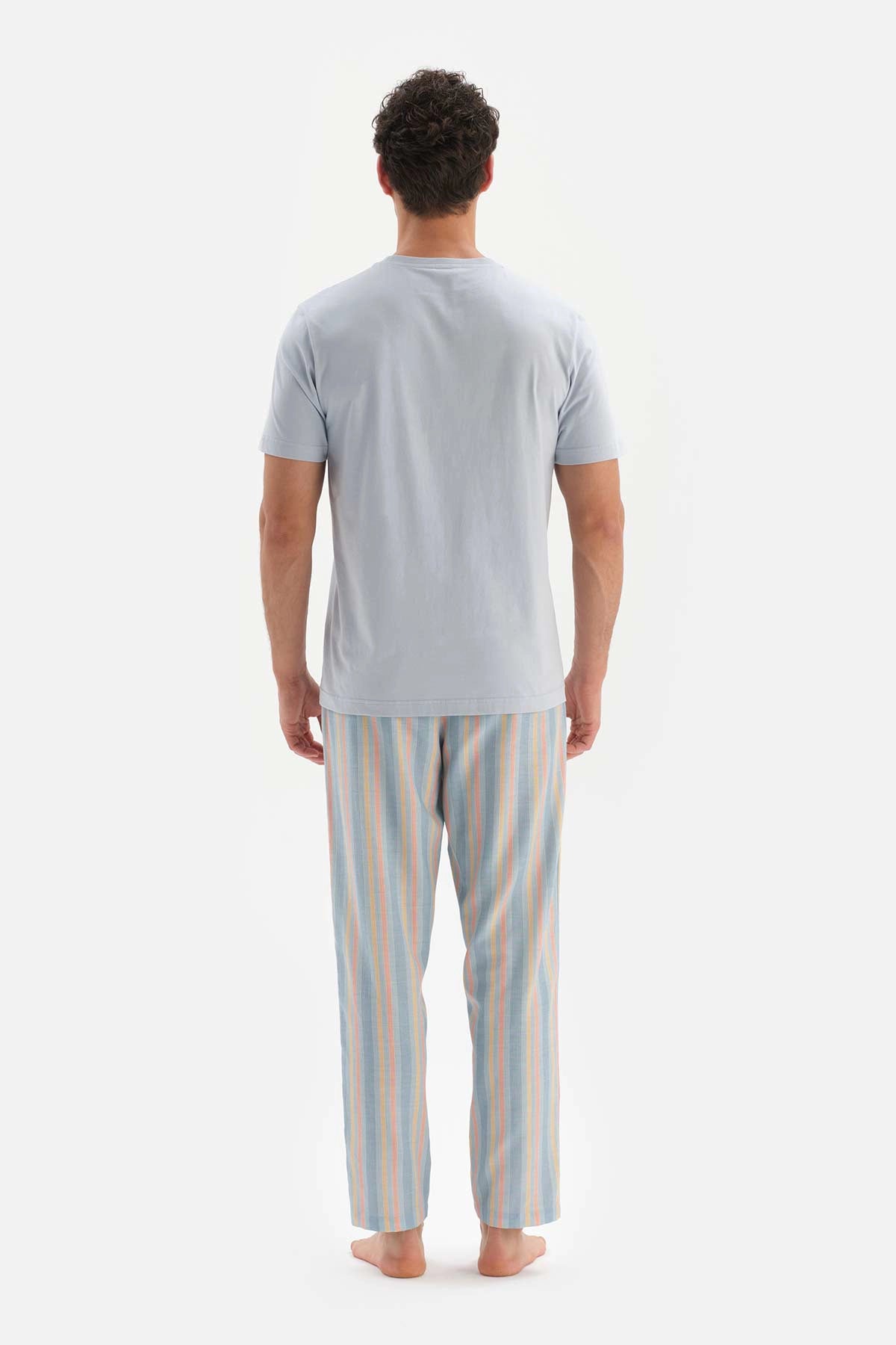 Açıkmavi Çizgili Kısa Kol Pamuklu Pijama Takımı