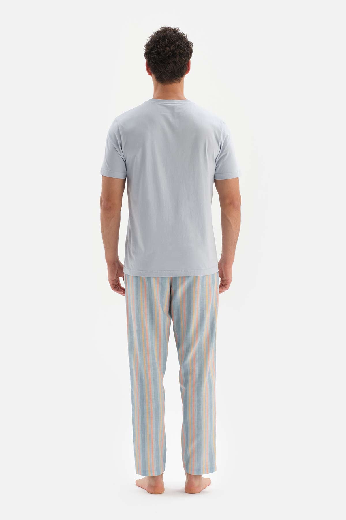 Açıkmavi Çizgili Kısa Kol Pamuklu Pijama Takımı
