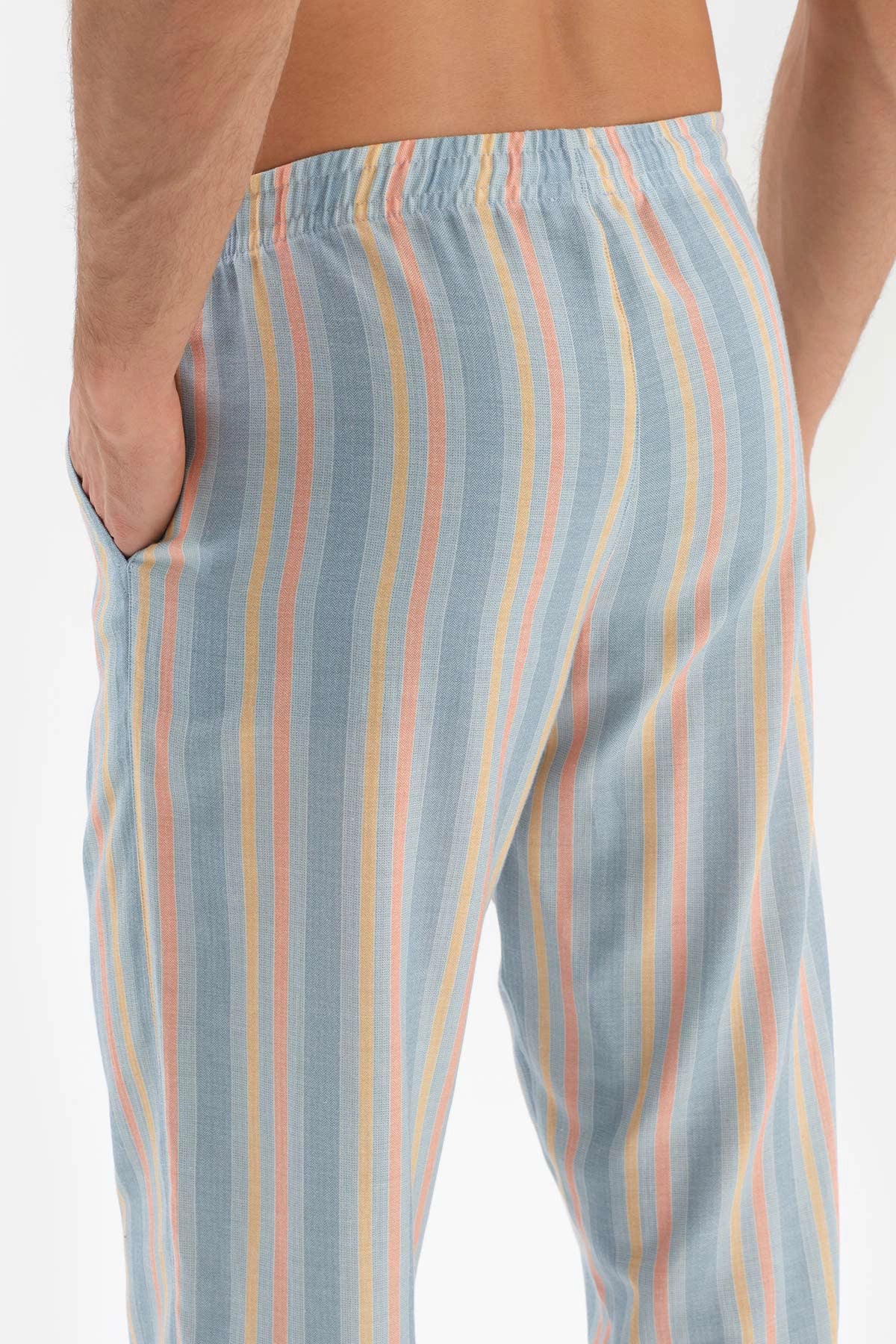 Açıkmavi Çizgili Kısa Kol Pamuklu Pijama Takımı