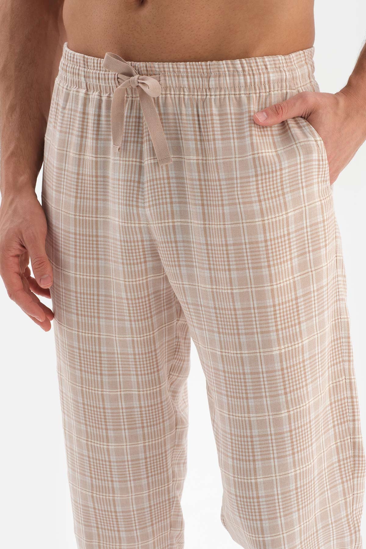 Bej Gömlek Yaka Ekoseli Dokuma Pijama Takımı