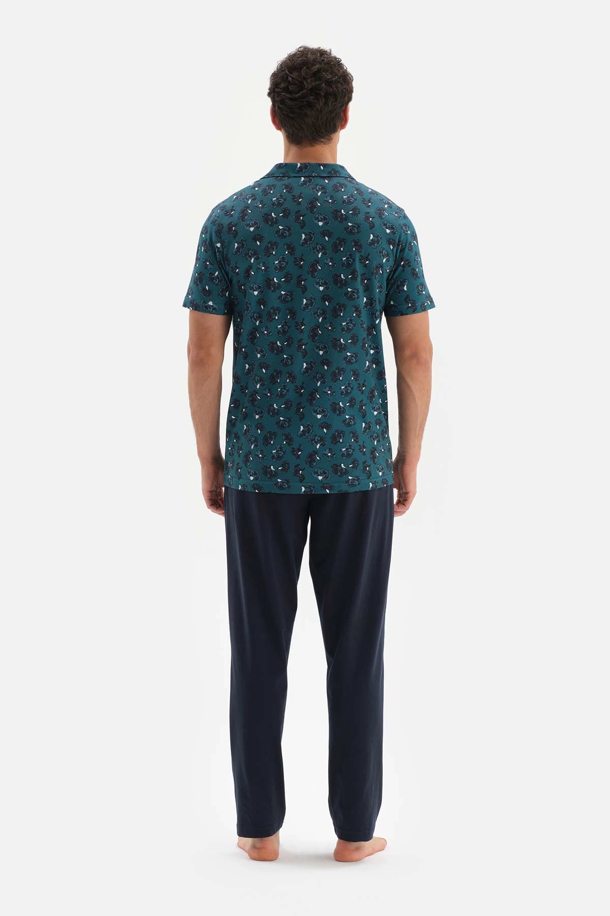 Petrol Yeşili i Gömlek Yaka Desenli Üst Örme Pijama Takımı