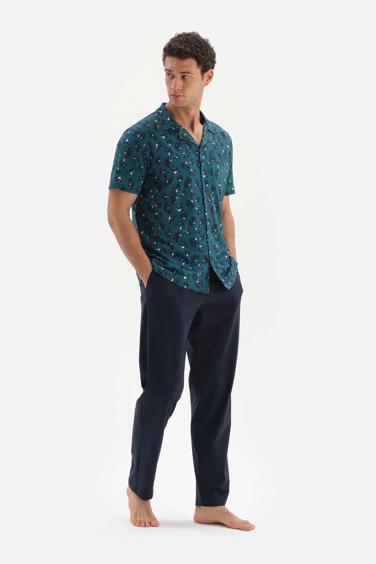 Petrol Yeşili i Gömlek Yaka Desenli Üst Örme Pijama Takımı