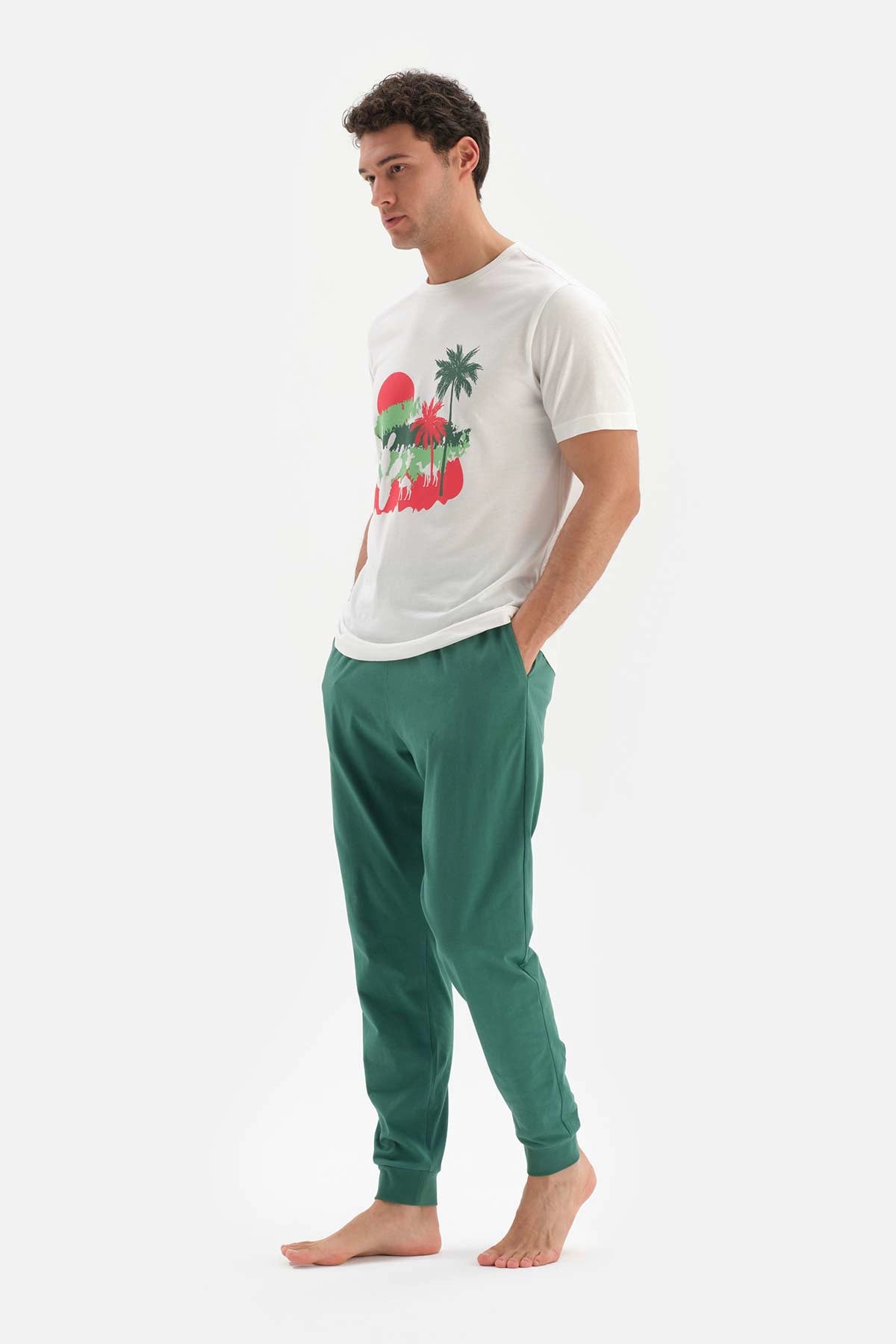 Ekru Bisiklet Yaka Baskılı Modal Pijama Takımı